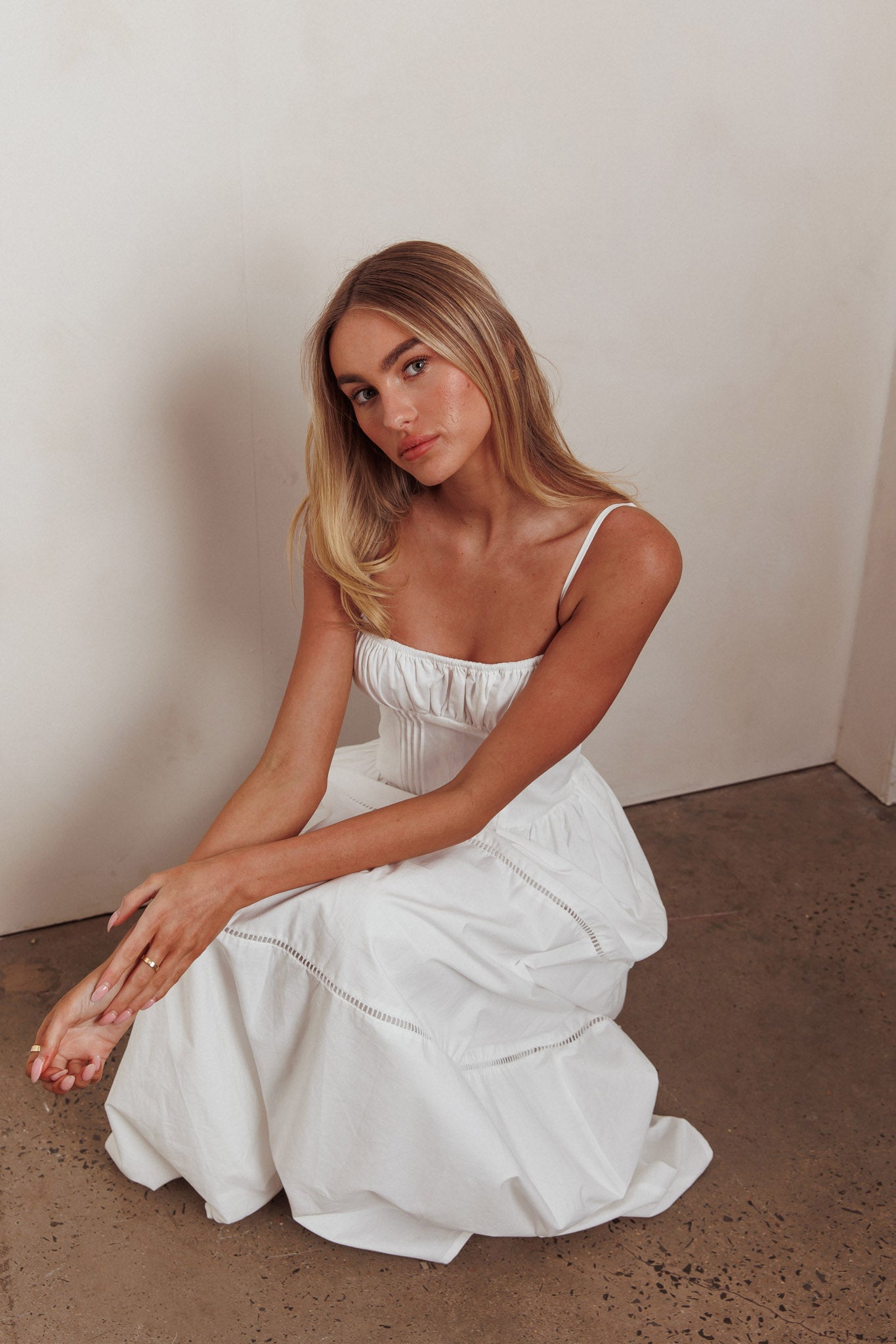 Heavenly Glow Gathered Bust A-Line Maxi Dress Off White by Selfie Leslie Australia