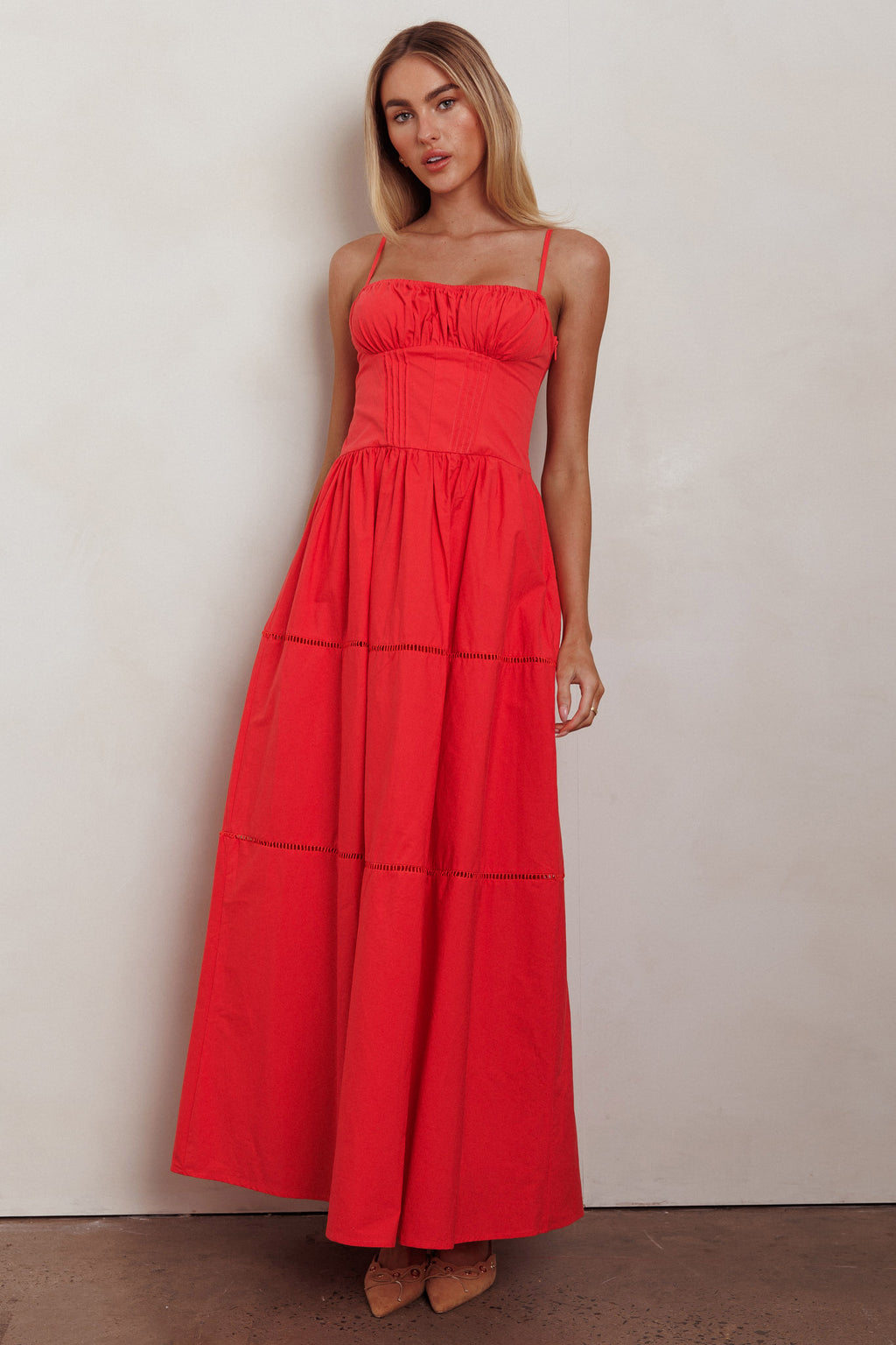 Heavenly Glow Gathered Bust A-Line Maxi Dress Red by Selfie Leslie Australia