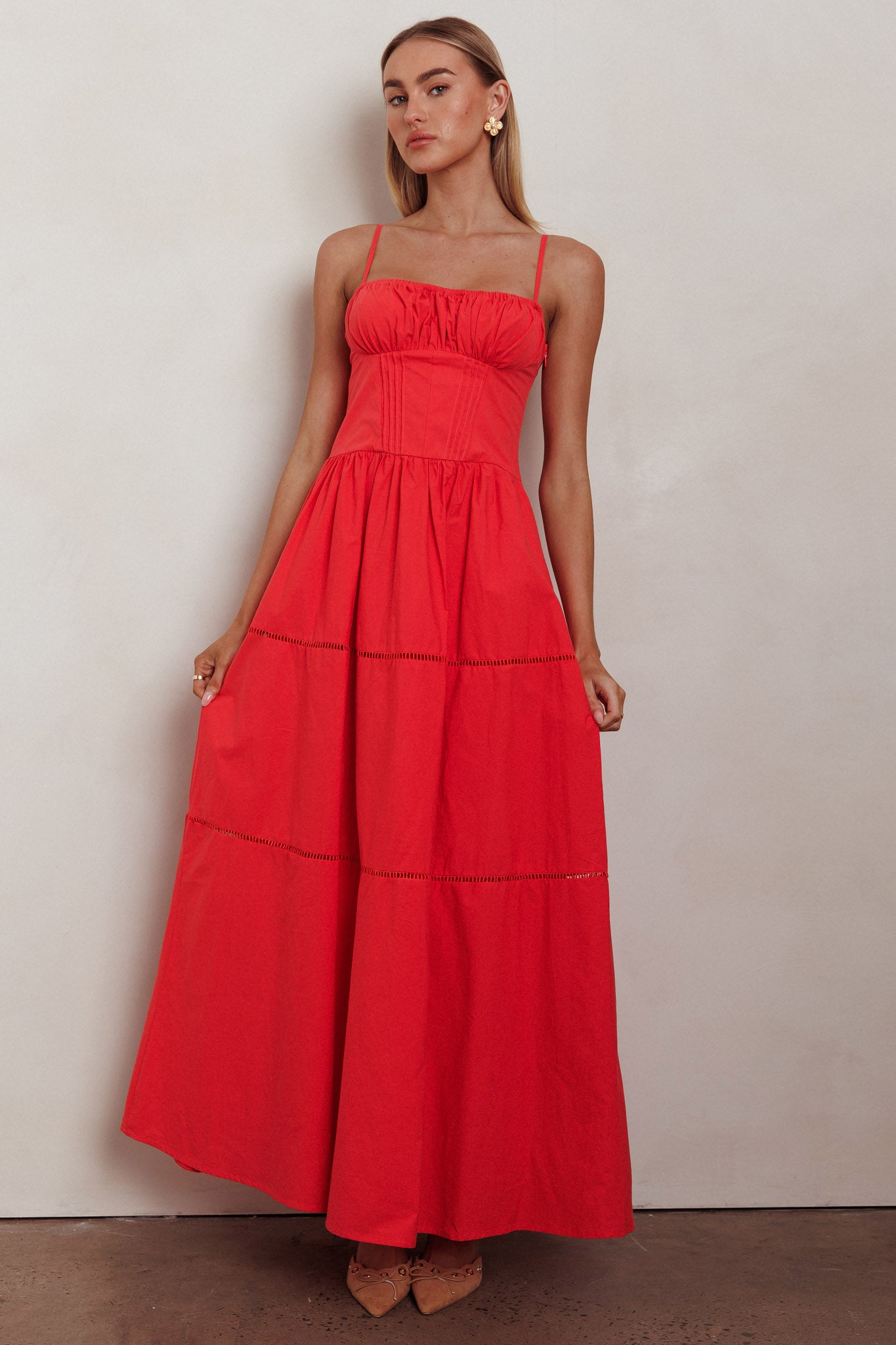 Heavenly Glow Gathered Bust A-Line Maxi Dress Red by Selfie Leslie Australia