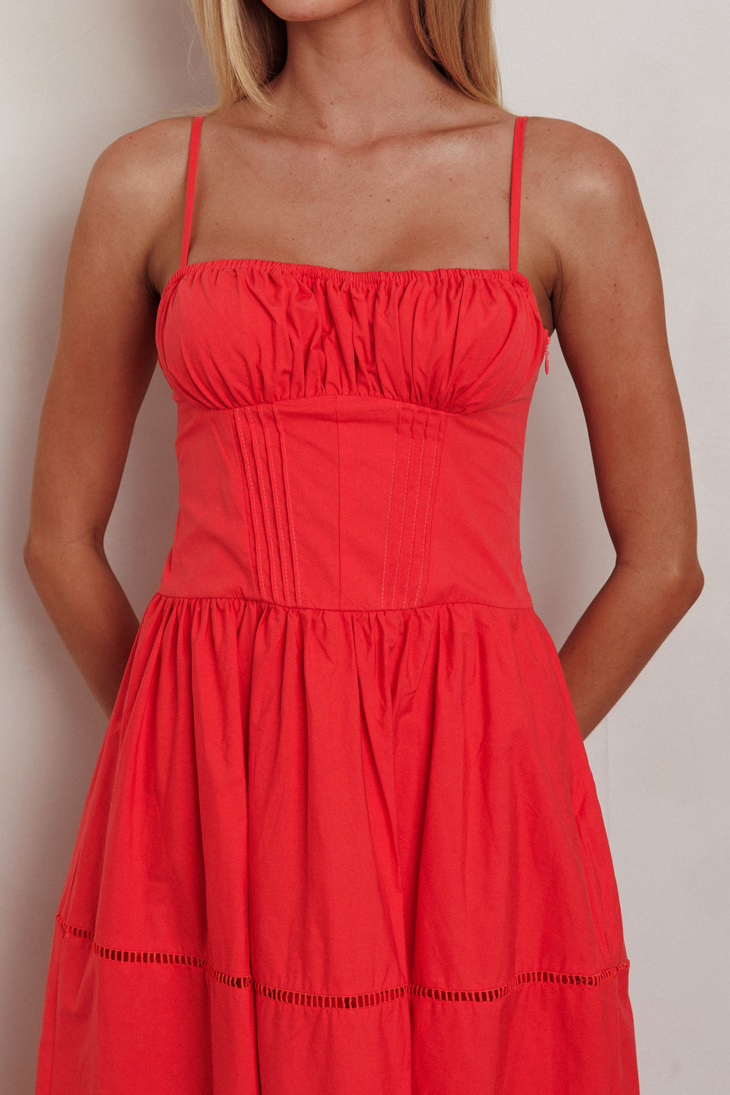 Heavenly Glow Gathered Bust A-Line Maxi Dress Red by Selfie Leslie Australia