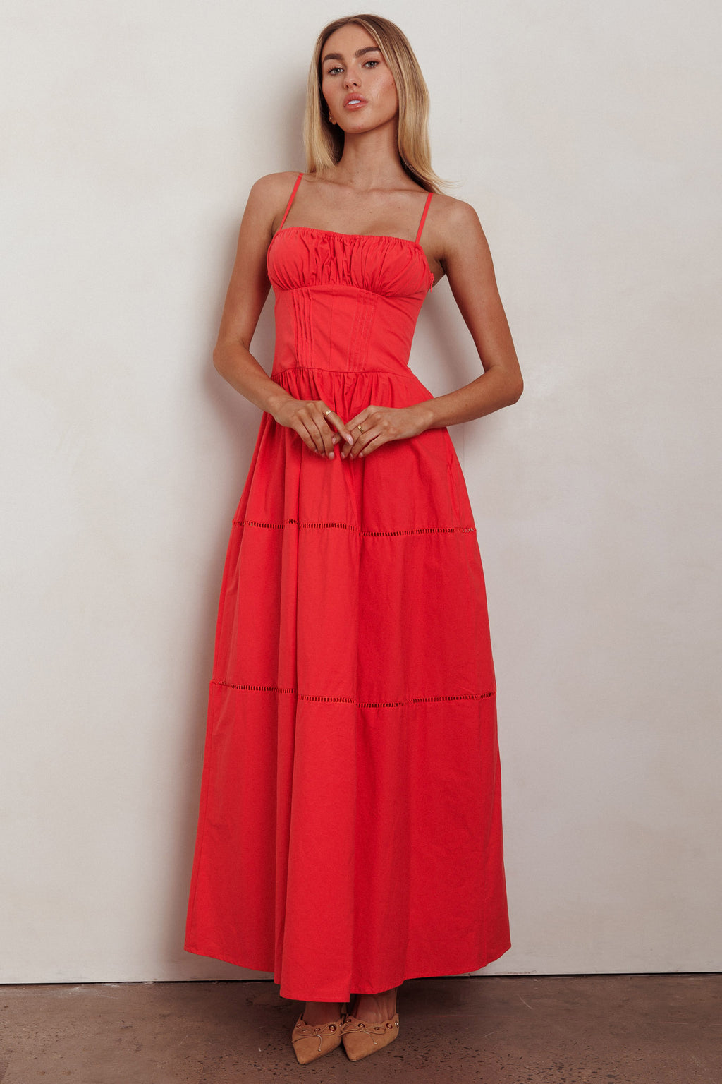 Heavenly Glow Gathered Bust A-Line Maxi Dress Red by Selfie Leslie Australia