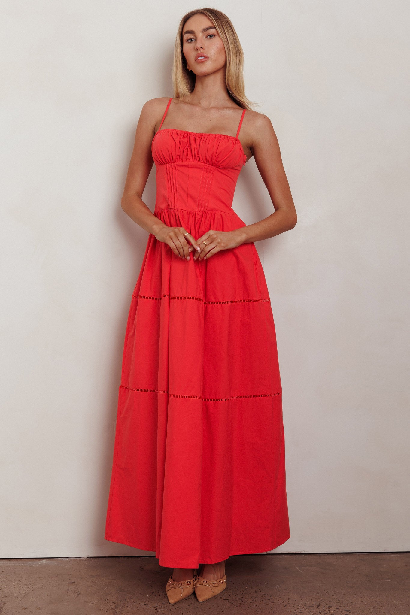 Heavenly Glow Gathered Bust A-Line Maxi Dress Red by Selfie Leslie Australia