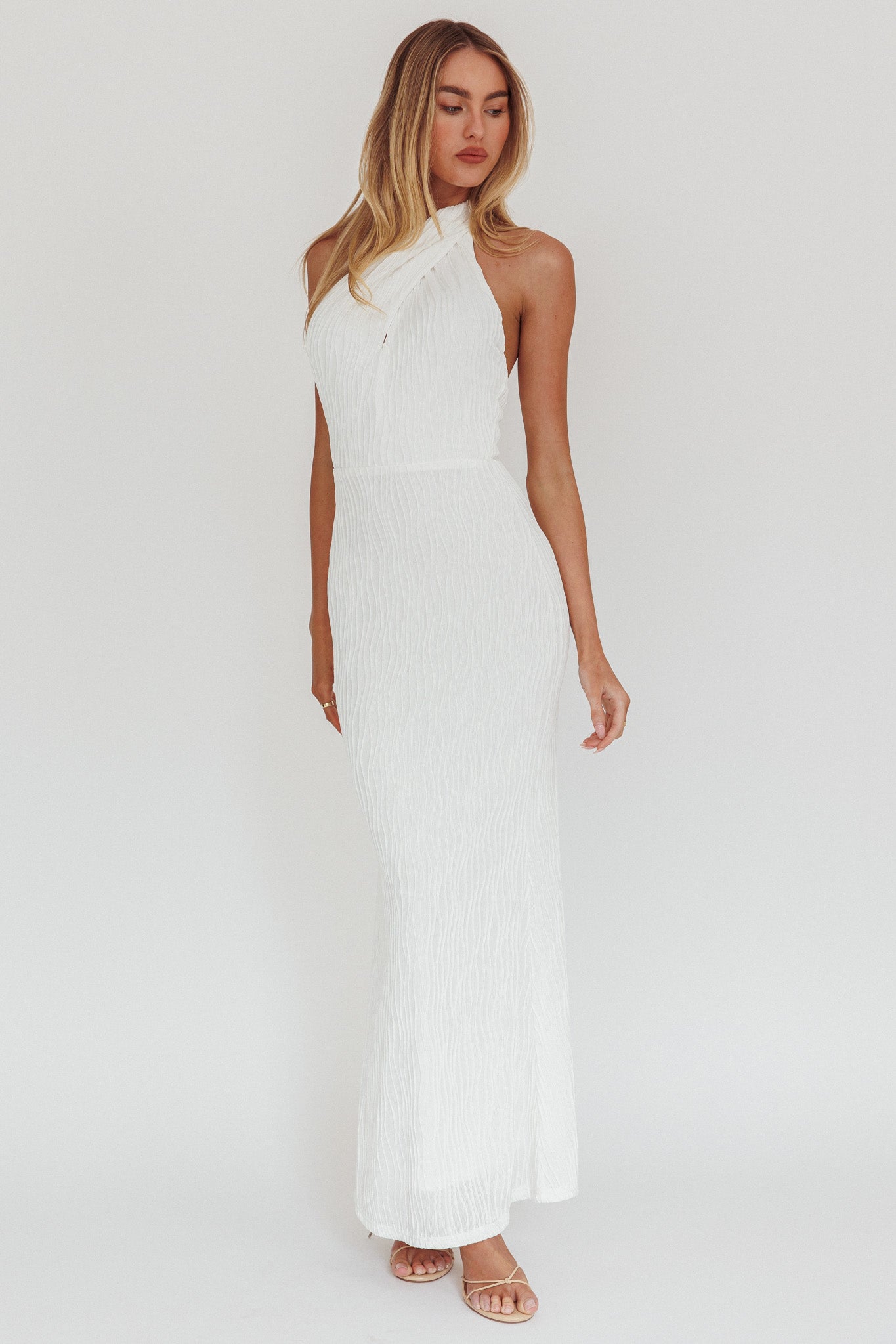 Lush Aura Crossover Halter Neck Maxi Dress White by Selfie Leslie Australia