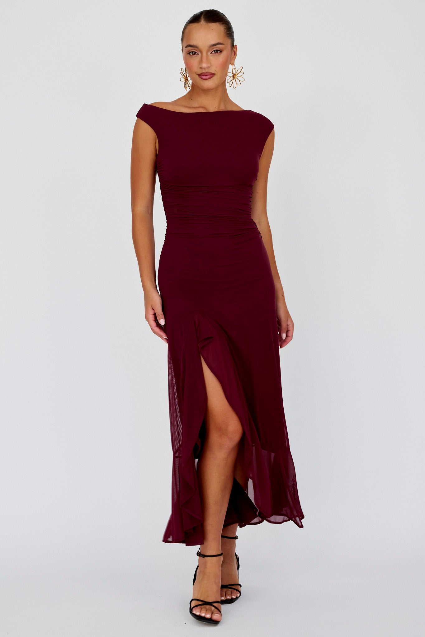 Moonlit Magic Asymmetric Neckline Maxi Dress Wine by Selfie Leslie Australia