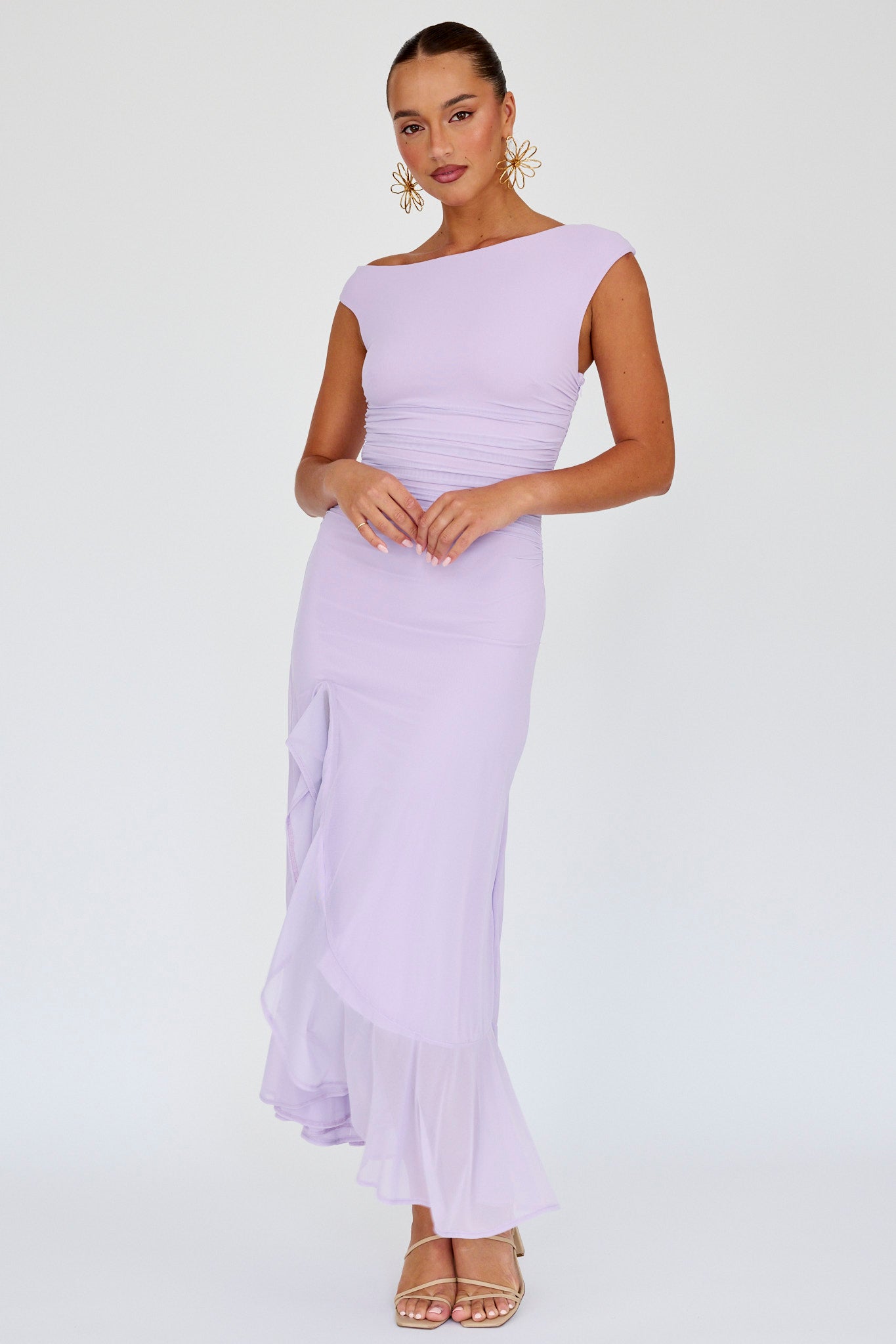 Moonlit Magic Asymmetric Neckline Maxi Dress Lilac by Selfie Leslie Australia