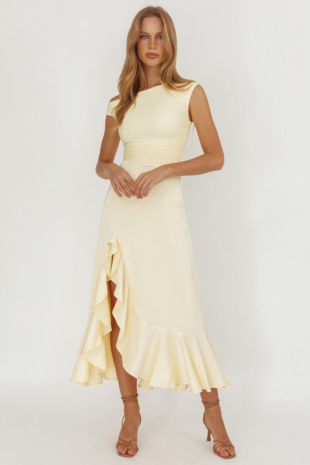 Moonlit Magic Asymmetric Neckline Satin Ruffle Dress Butter by Selfie Leslie Australia