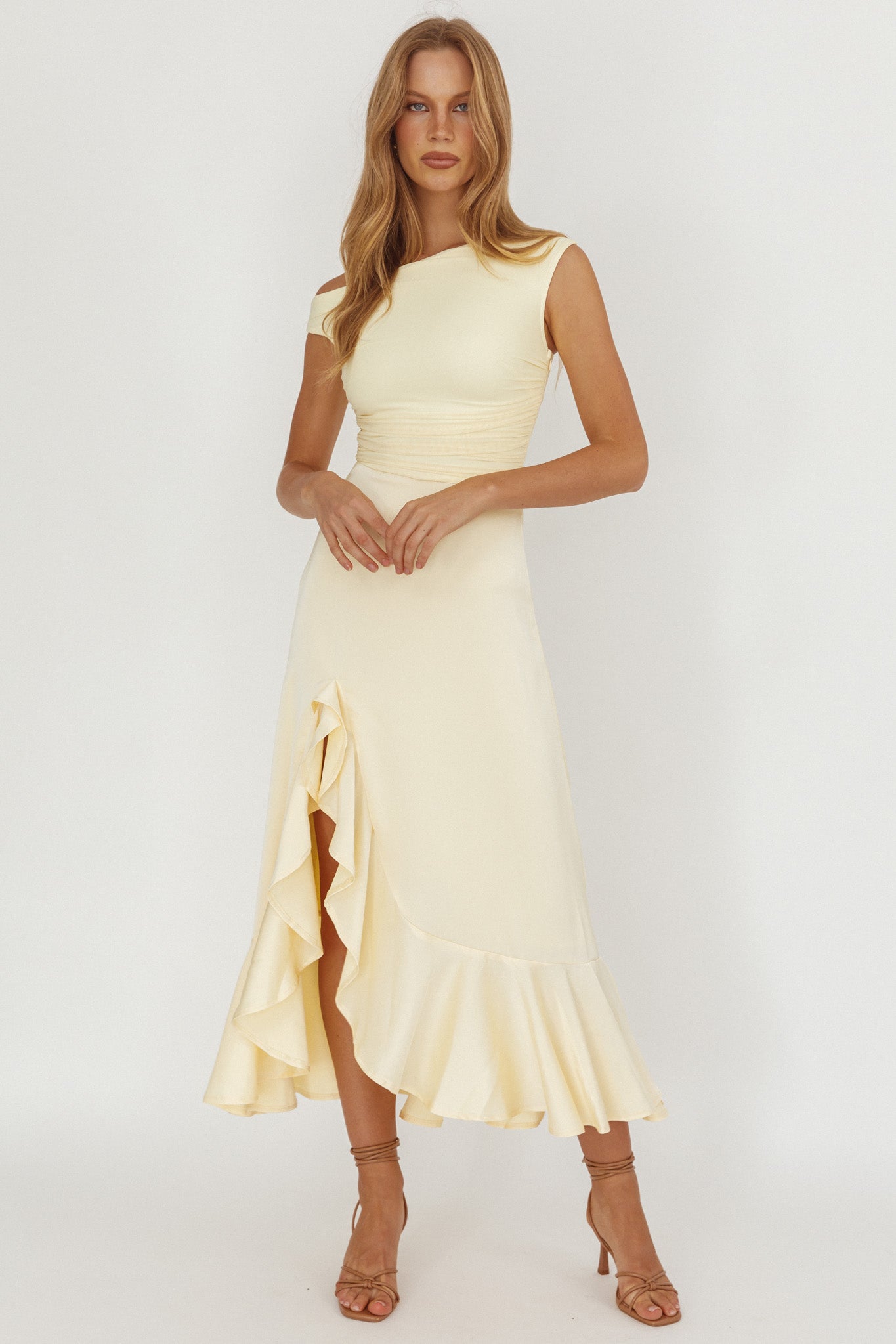 Moonlit Magic Asymmetric Neckline Satin Ruffle Dress Butter by Selfie Leslie Australia