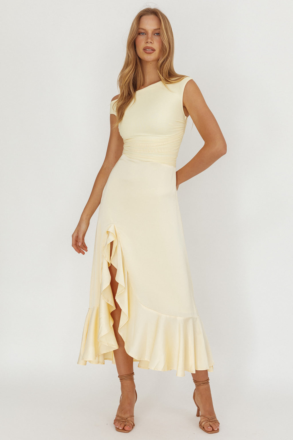 Moonlit Magic Asymmetric Neckline Satin Ruffle Dress Butter by Selfie Leslie Australia