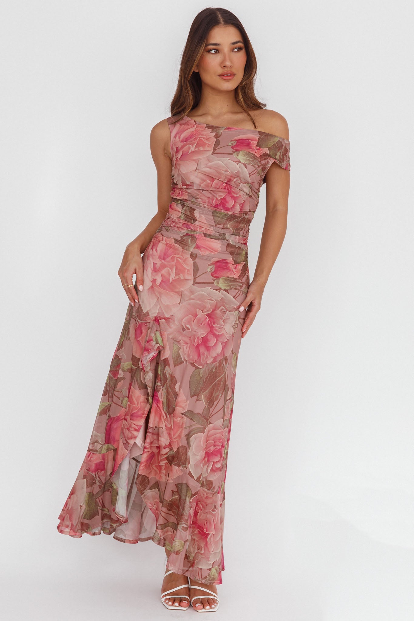 Moonlit Magic Asymmetric Neckline Maxi Dress Floral Blush by Selfie Leslie Australia