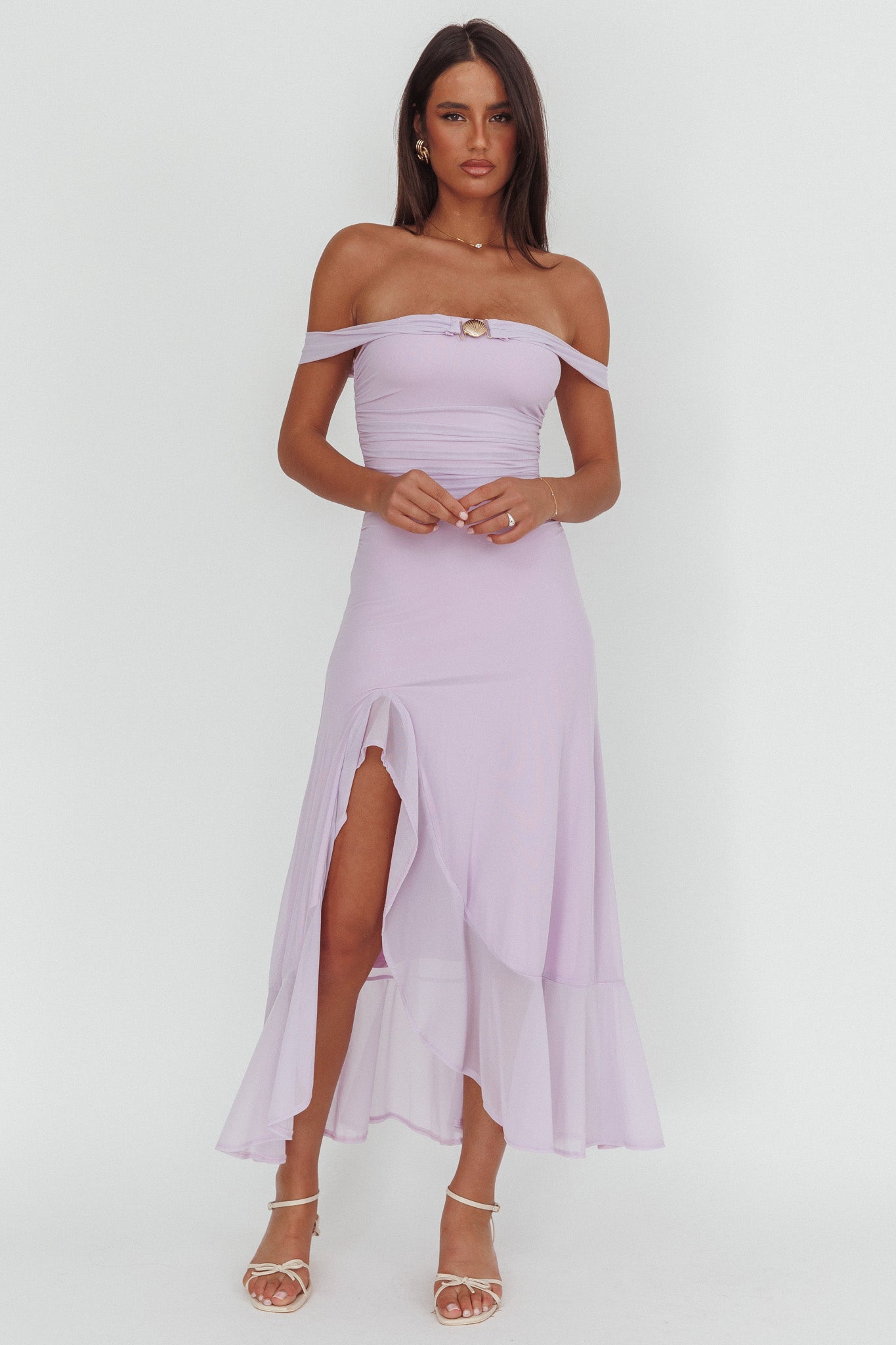 Moonlit Magic Off-Shoulder Split Maxi Dress Lilac by Selfie Leslie Australia