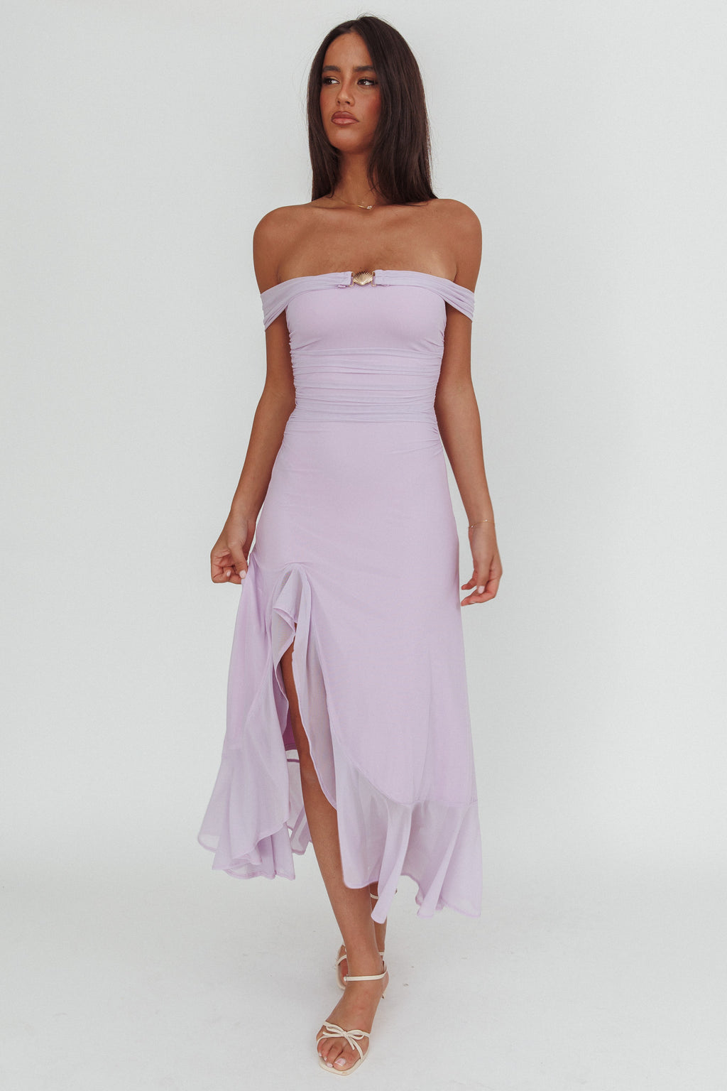 Moonlit Magic Off-Shoulder Split Maxi Dress Lilac by Selfie Leslie Australia