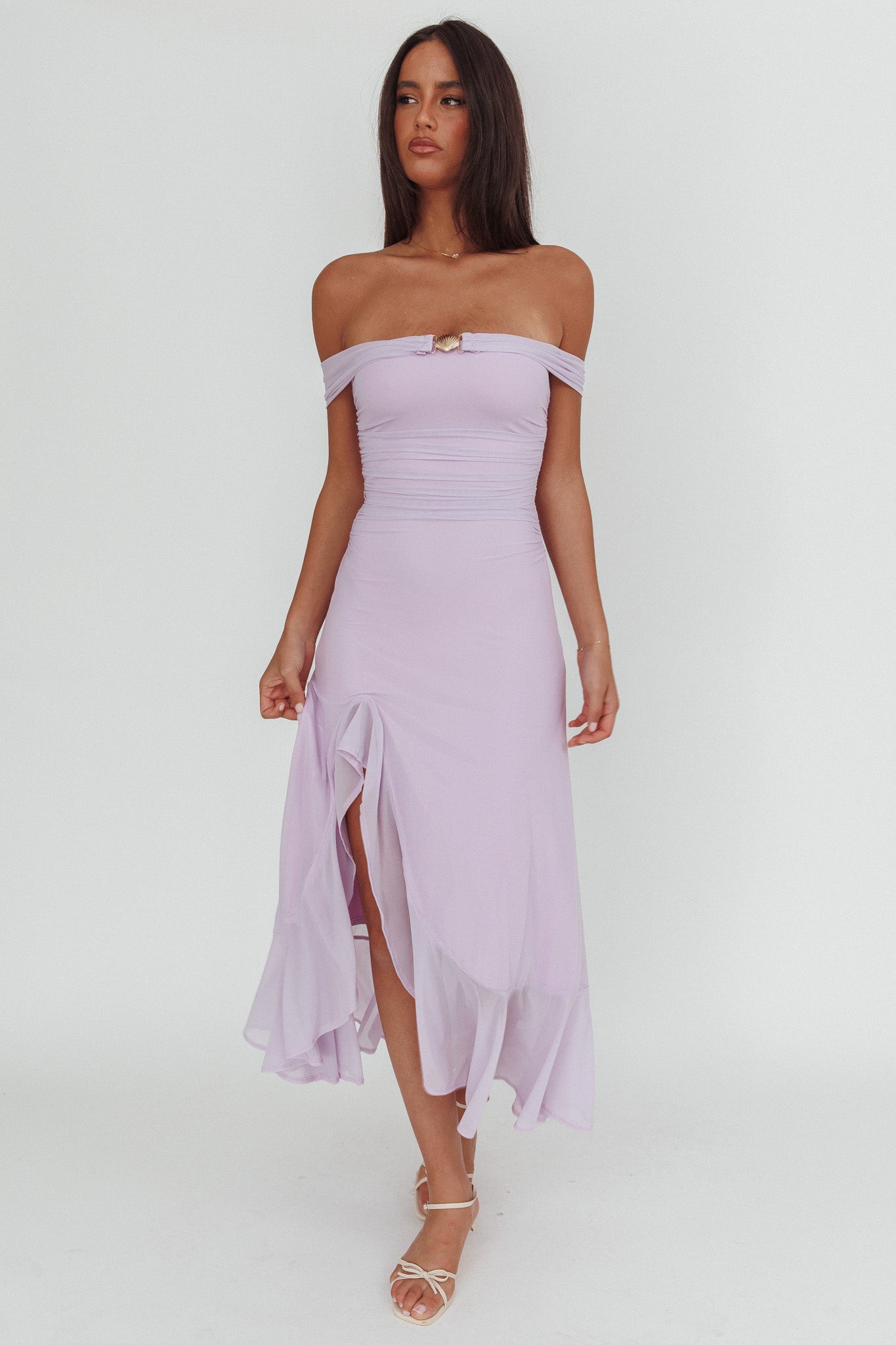 Moonlit Magic Off-Shoulder Split Maxi Dress Lilac by Selfie Leslie Australia