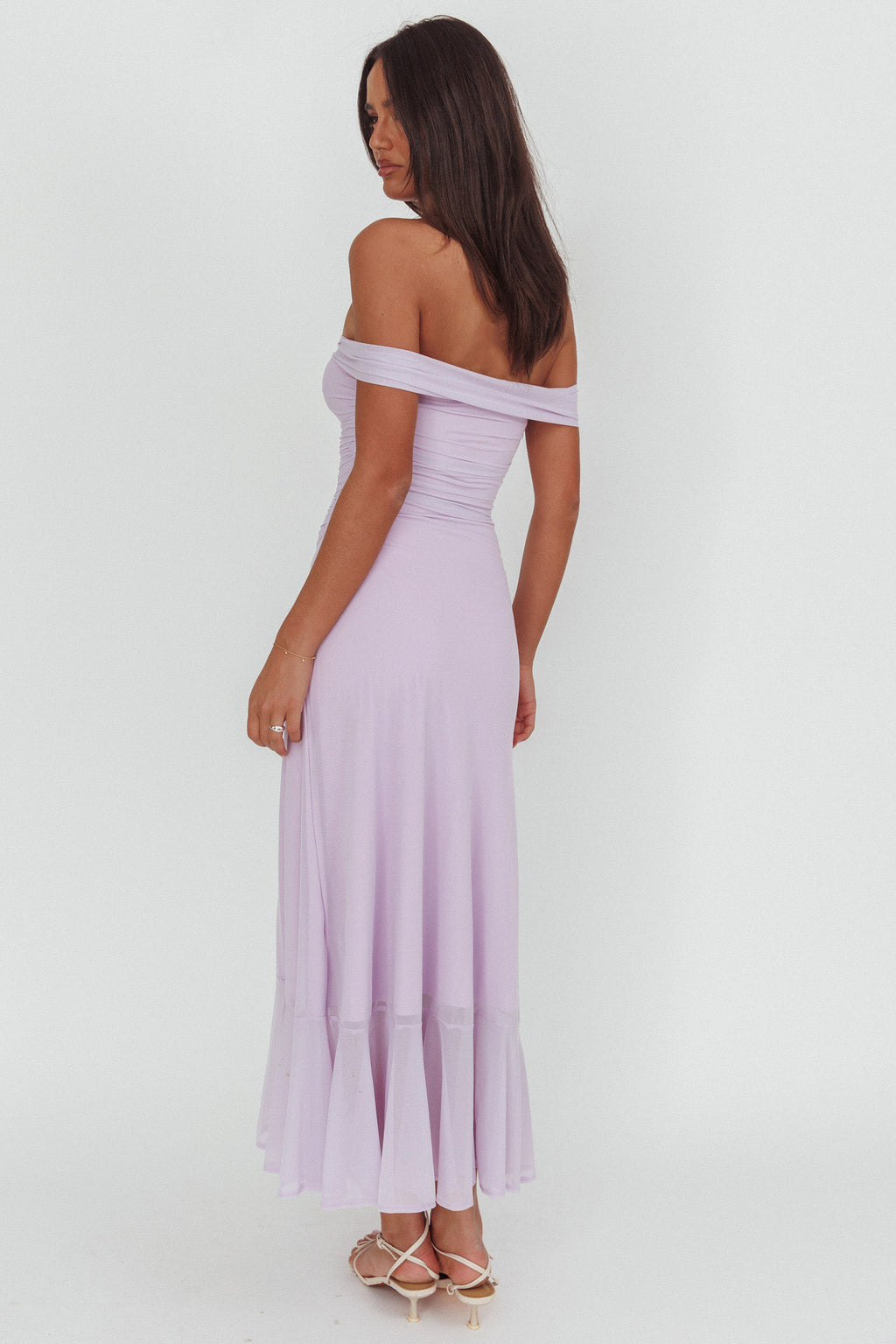 Moonlit Magic Off-Shoulder Split Maxi Dress Lilac by Selfie Leslie Australia