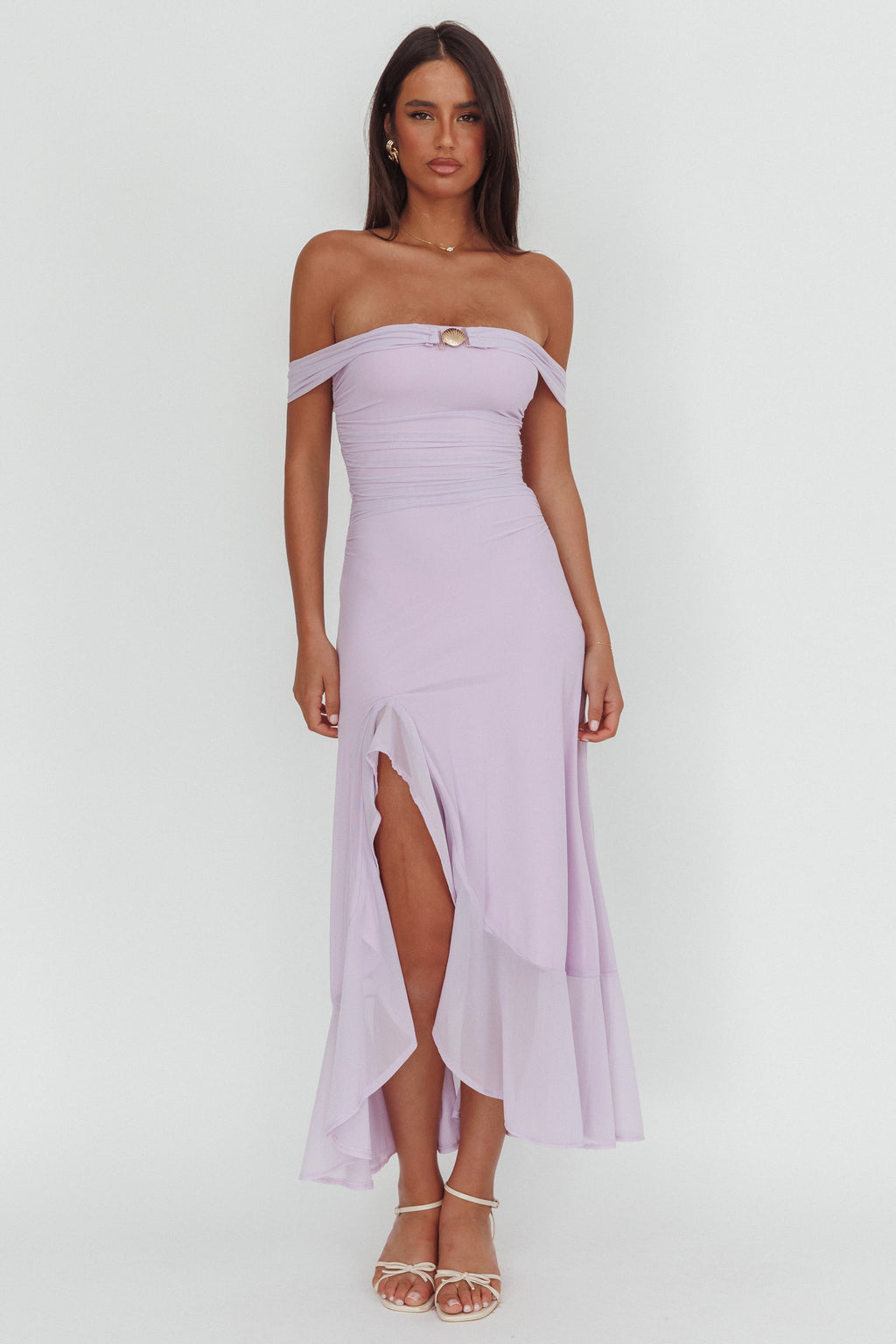 Moonlit Magic Off-Shoulder Split Maxi Dress Lilac by Selfie Leslie Australia