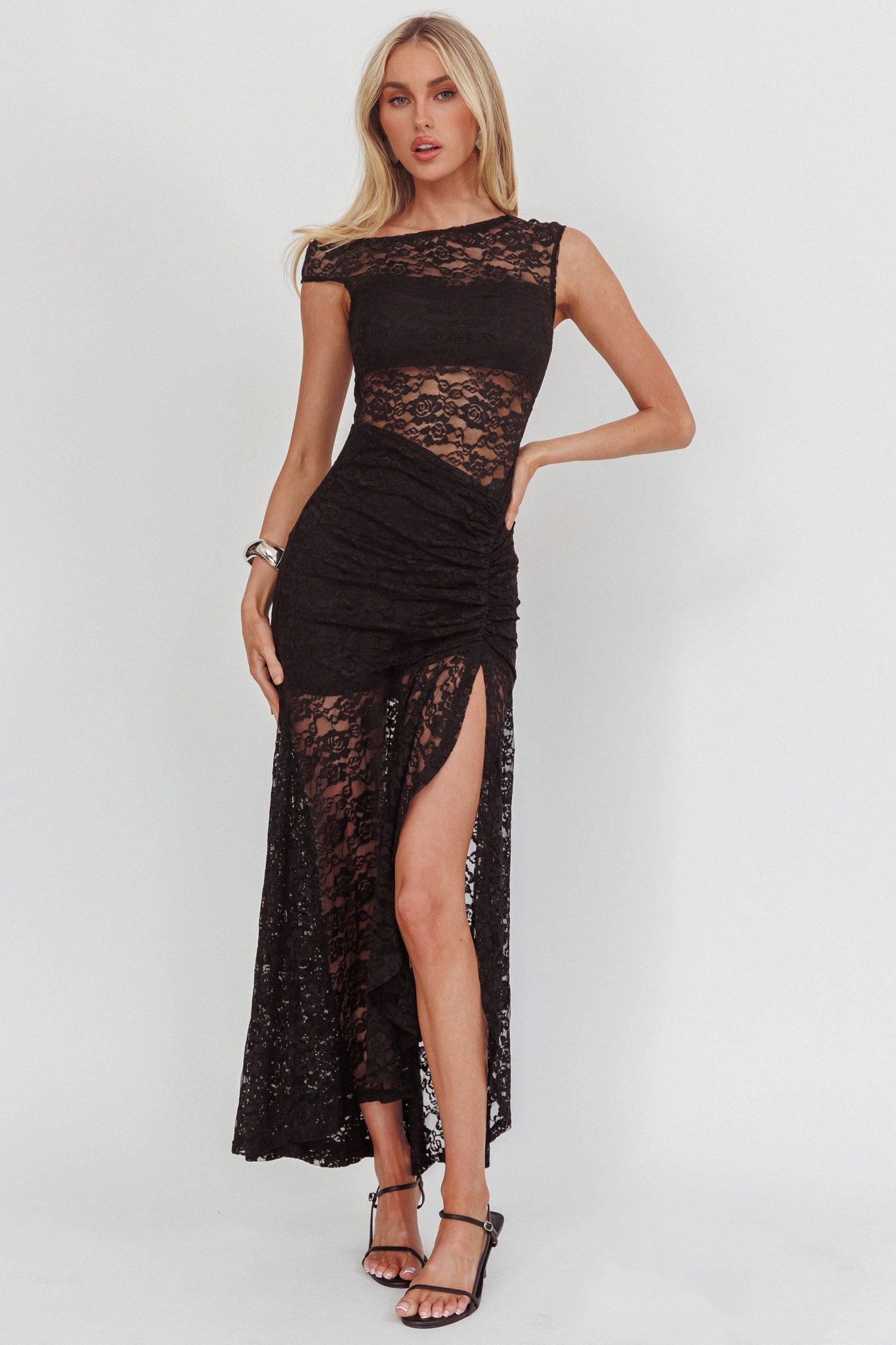 Moonlit Magic Asymmetric Neckline Lace Maxi Dress Black by Selfie Leslie Australia