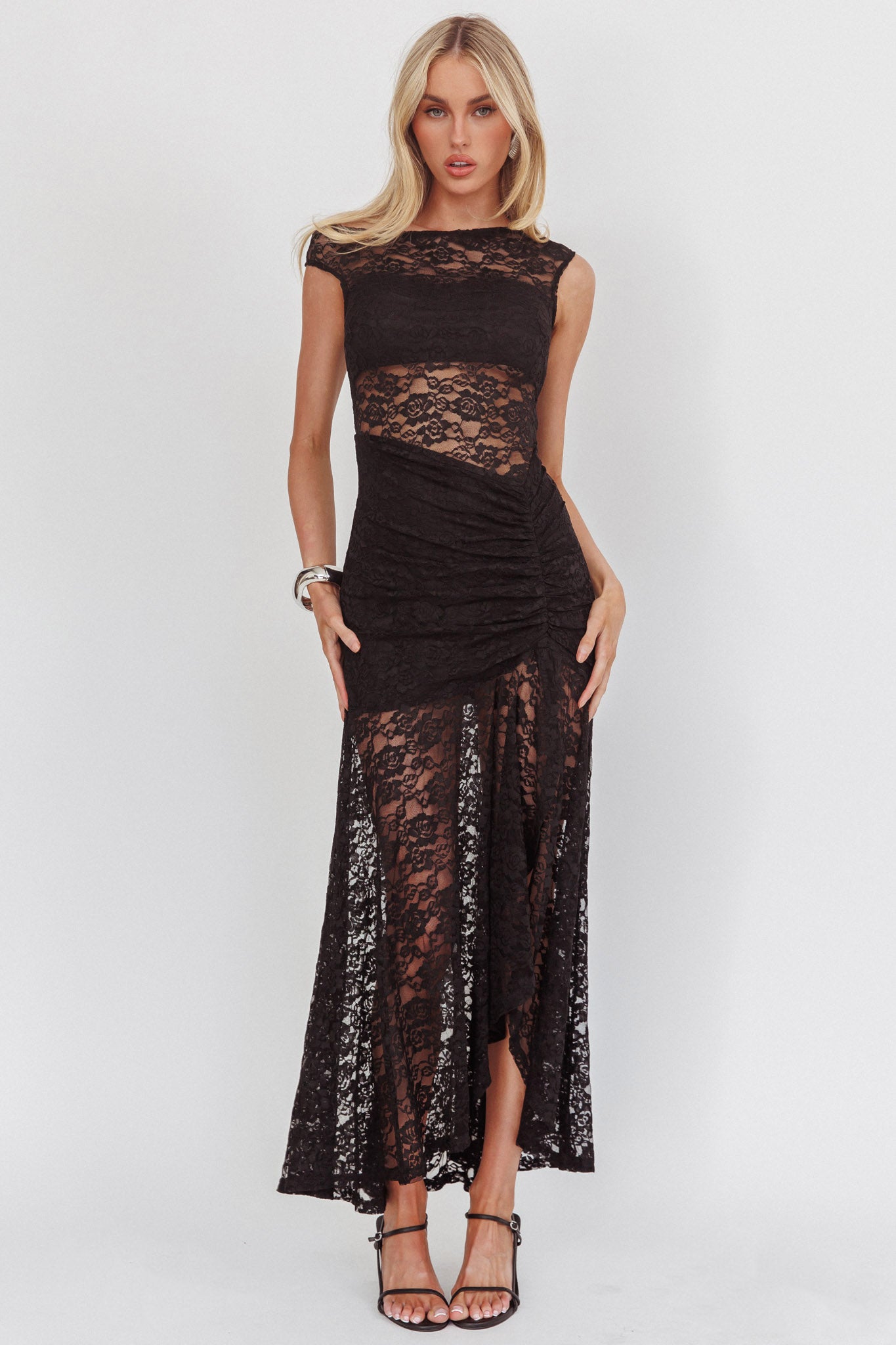 Moonlit Magic Asymmetric Neckline Lace Maxi Dress Black by Selfie Leslie Australia