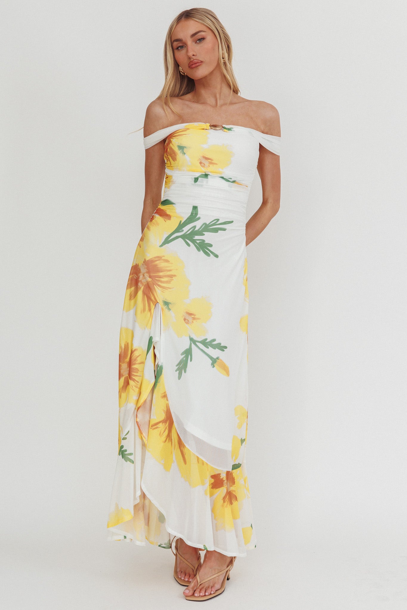 Moonlit Magic Off-Shoulder Split Maxi Dress Flower Yellow by Selfie Leslie Australia