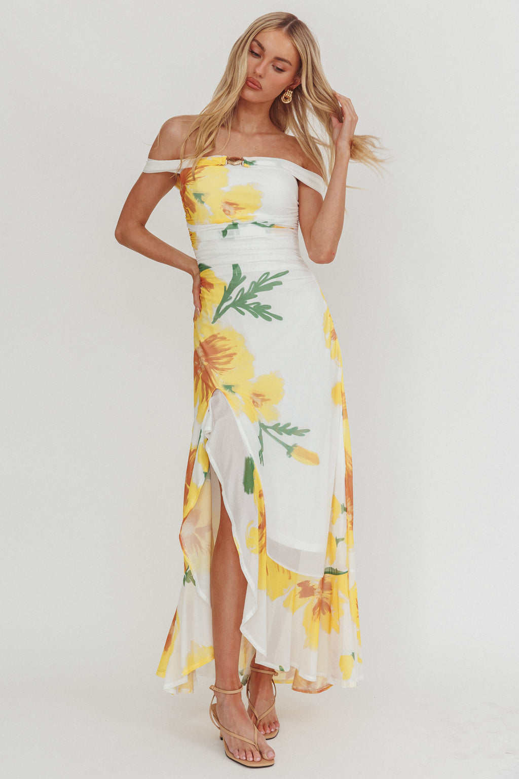 Moonlit Magic Off-Shoulder Split Maxi Dress Flower Yellow by Selfie Leslie Australia