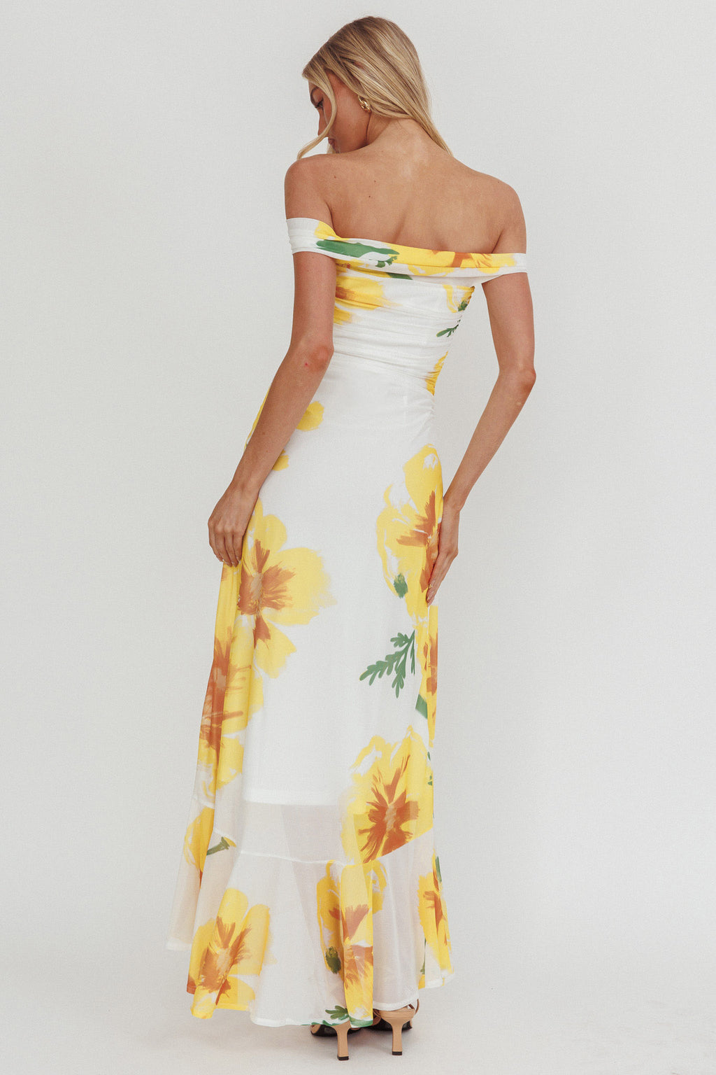 Moonlit Magic Off-Shoulder Split Maxi Dress Flower Yellow by Selfie Leslie Australia