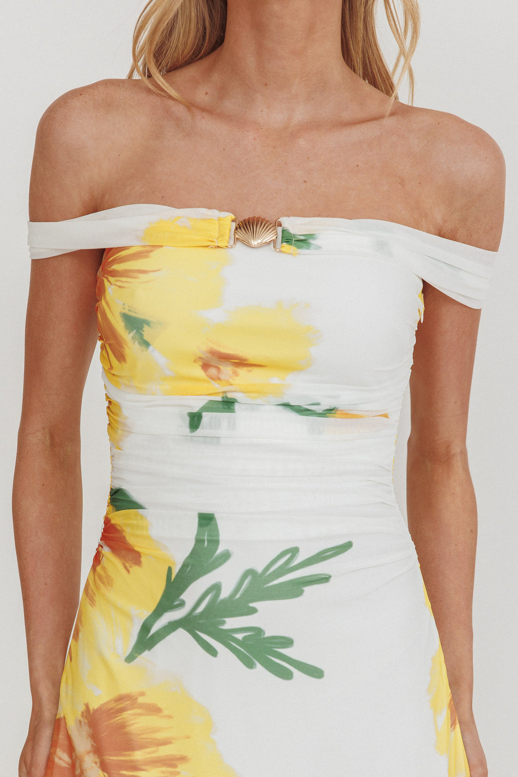 Moonlit Magic Off-Shoulder Split Maxi Dress Flower Yellow by Selfie Leslie Australia