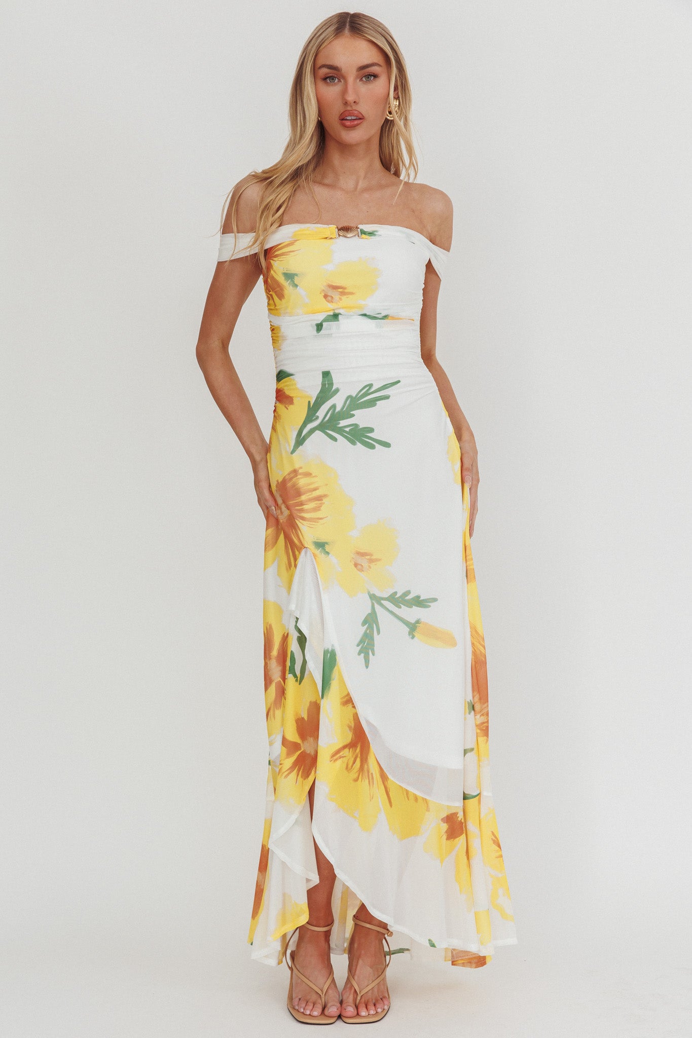Moonlit Magic Off-Shoulder Split Maxi Dress Flower Yellow by Selfie Leslie Australia