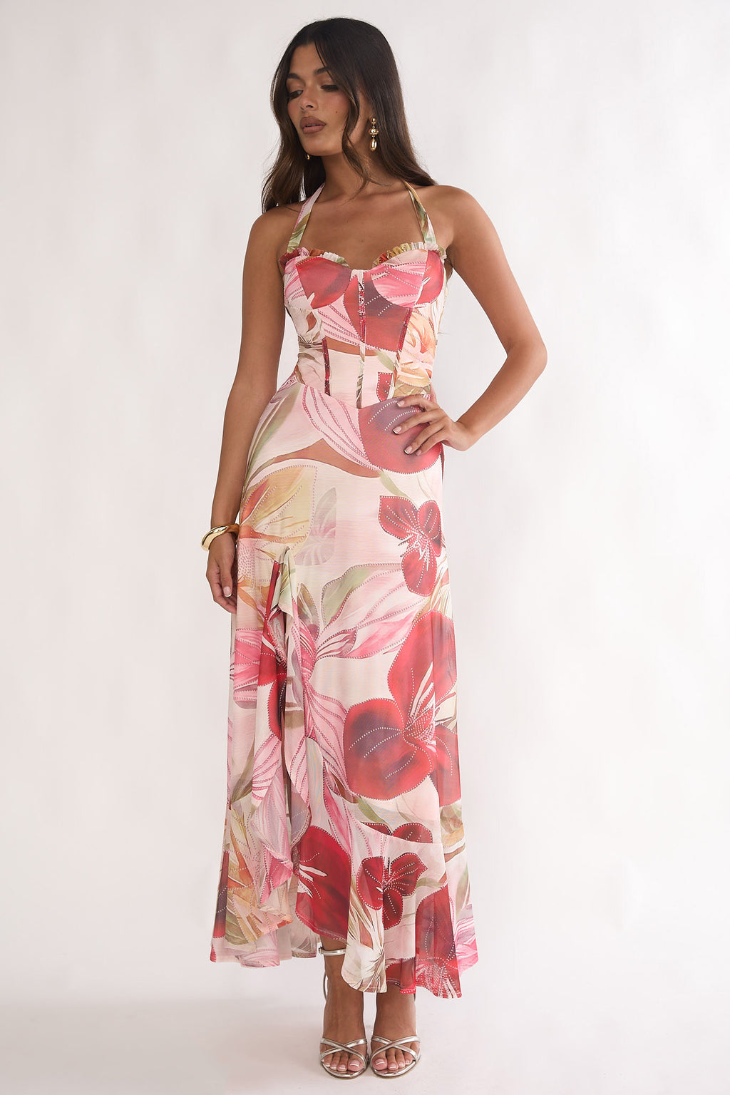 Moonlit Magic Halterneck Split Maxi Dress Floral Red by Selfie Leslie Australia