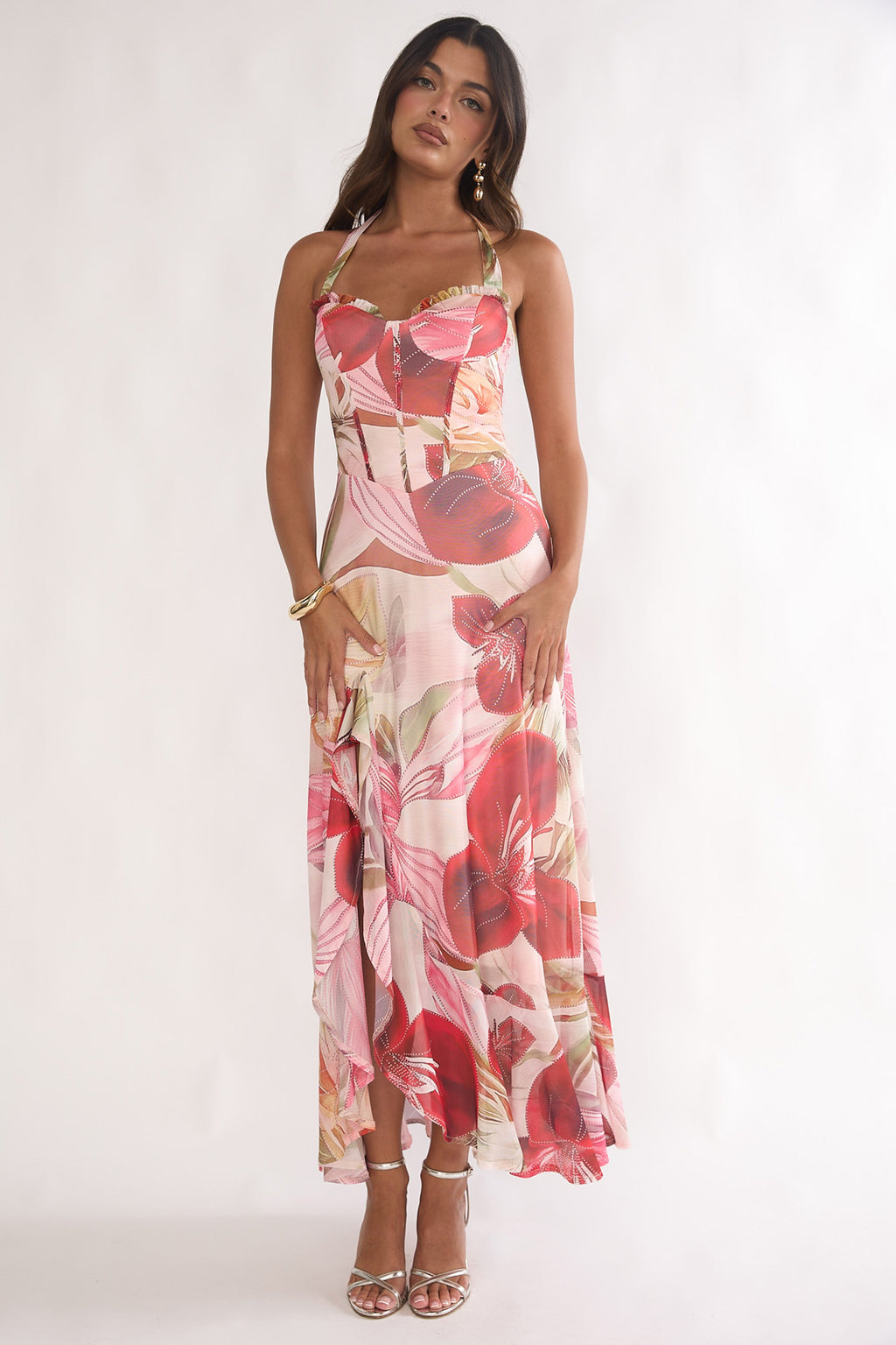 Moonlit Magic Halterneck Split Maxi Dress Floral Red by Selfie Leslie Australia