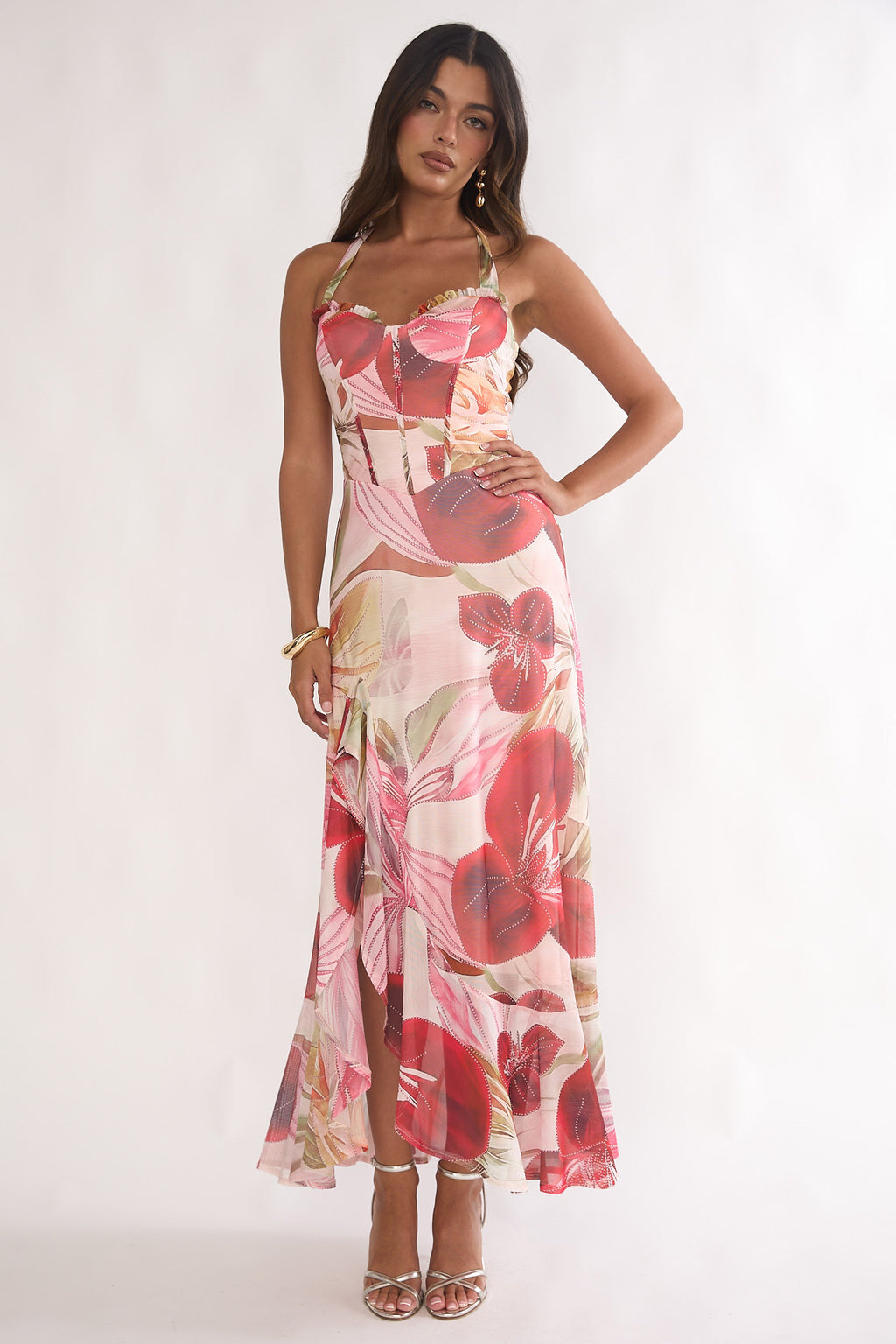 Moonlit Magic Halterneck Split Maxi Dress Floral Red by Selfie Leslie Australia