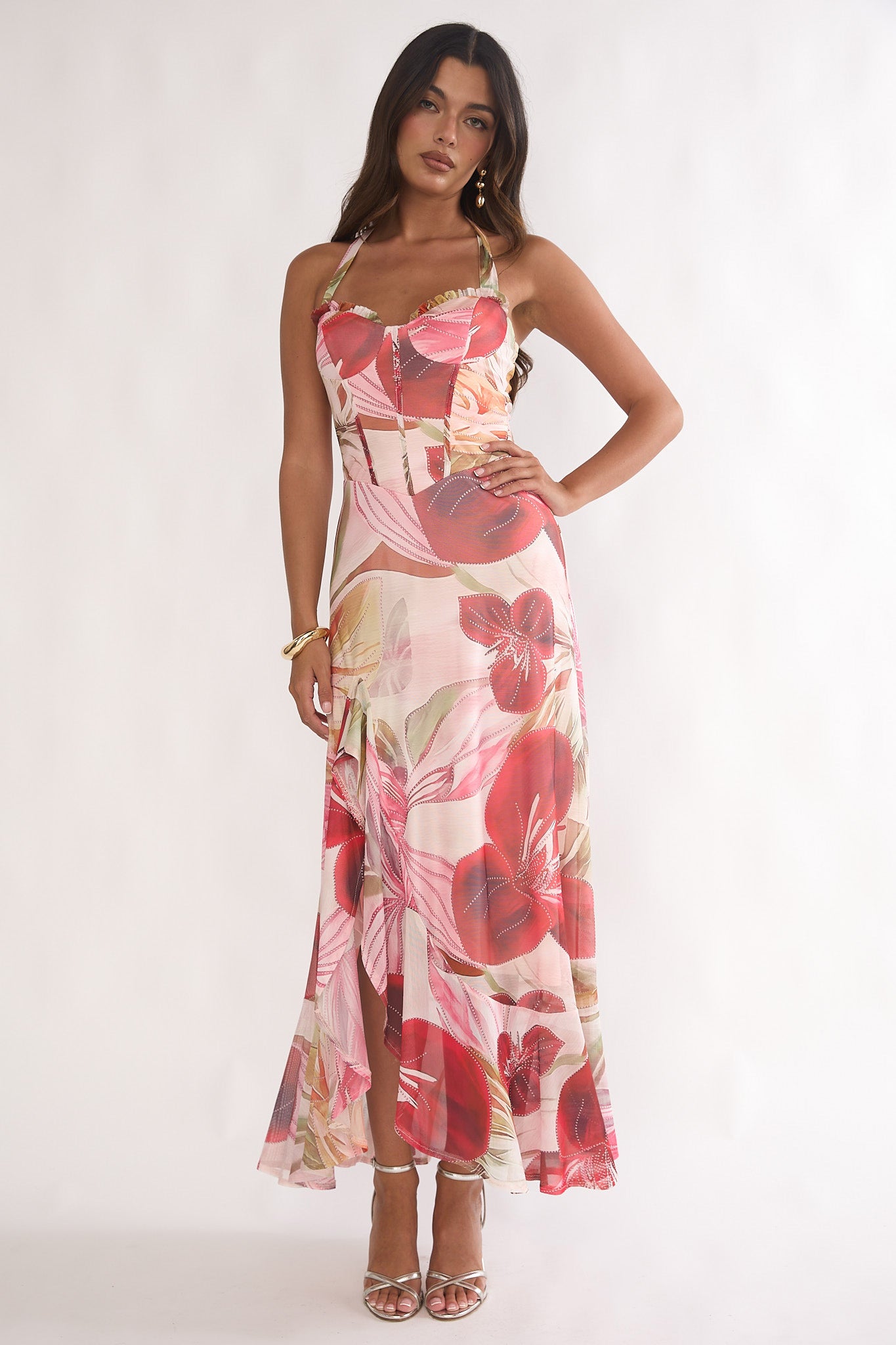 Moonlit Magic Halterneck Split Maxi Dress Floral Red by Selfie Leslie Australia