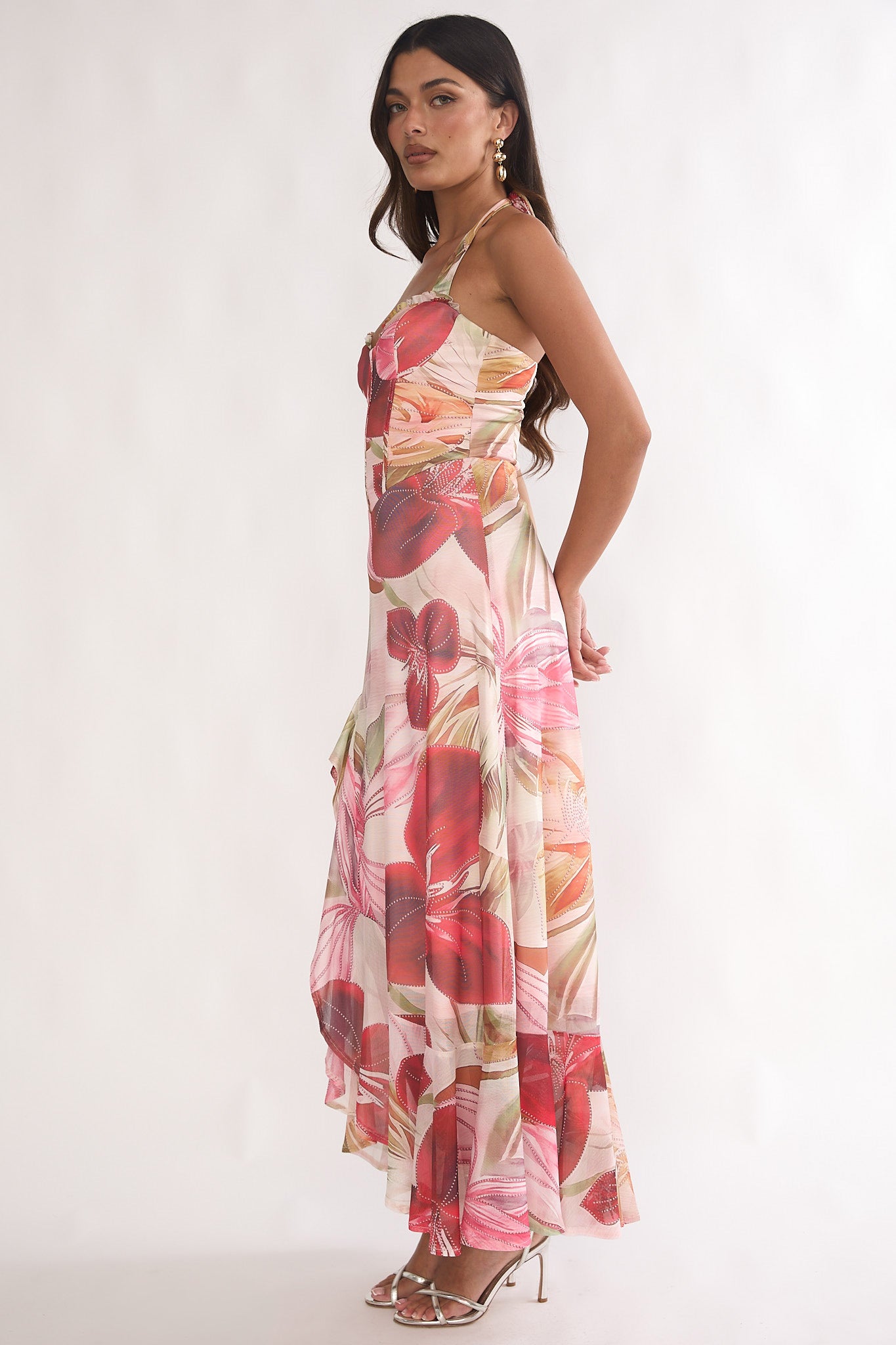 Moonlit Magic Halterneck Split Maxi Dress Floral Red by Selfie Leslie Australia