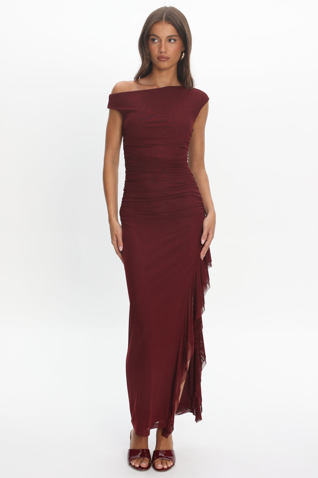 Moonlit Magic Asymmetric Neckline Slit Maxi Dress Wine by Selfie Leslie Australia