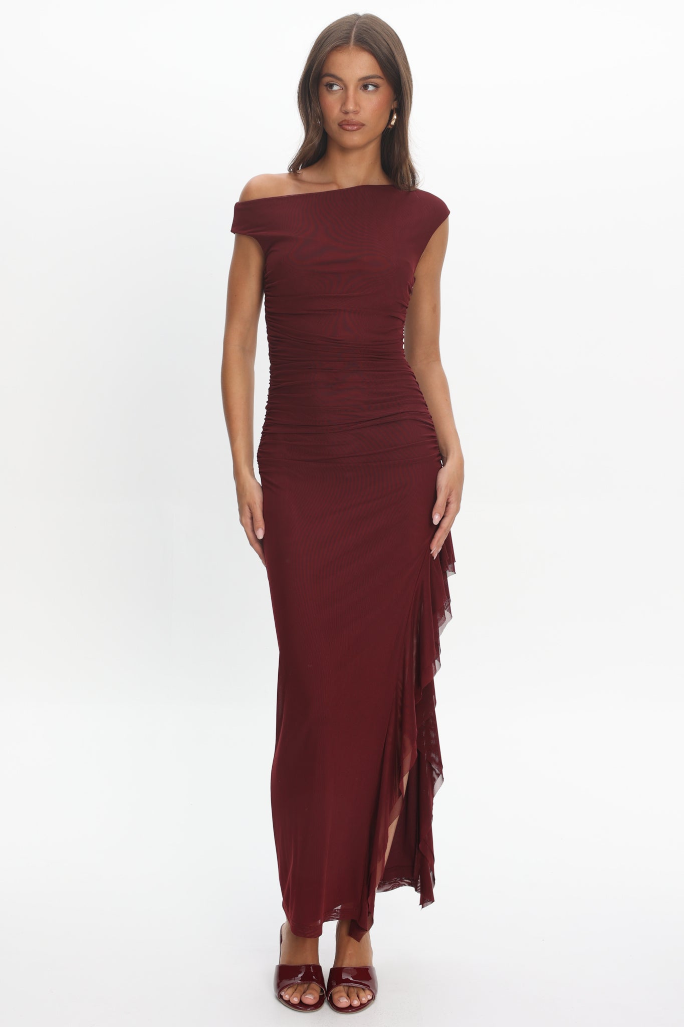 Moonlit Magic Asymmetric Neckline Slit Maxi Dress Wine by Selfie Leslie Australia