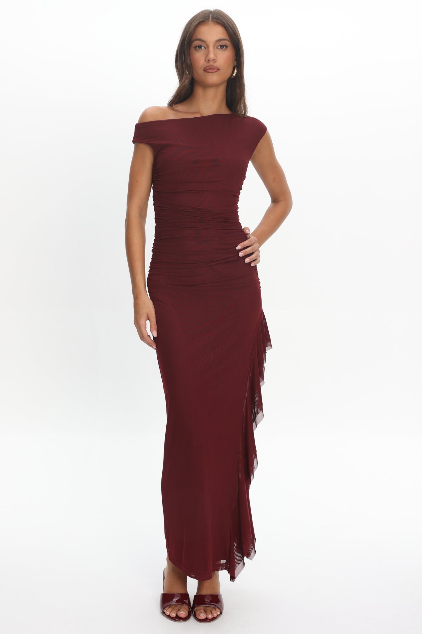 Moonlit Magic Asymmetric Neckline Slit Maxi Dress Wine by Selfie Leslie Australia
