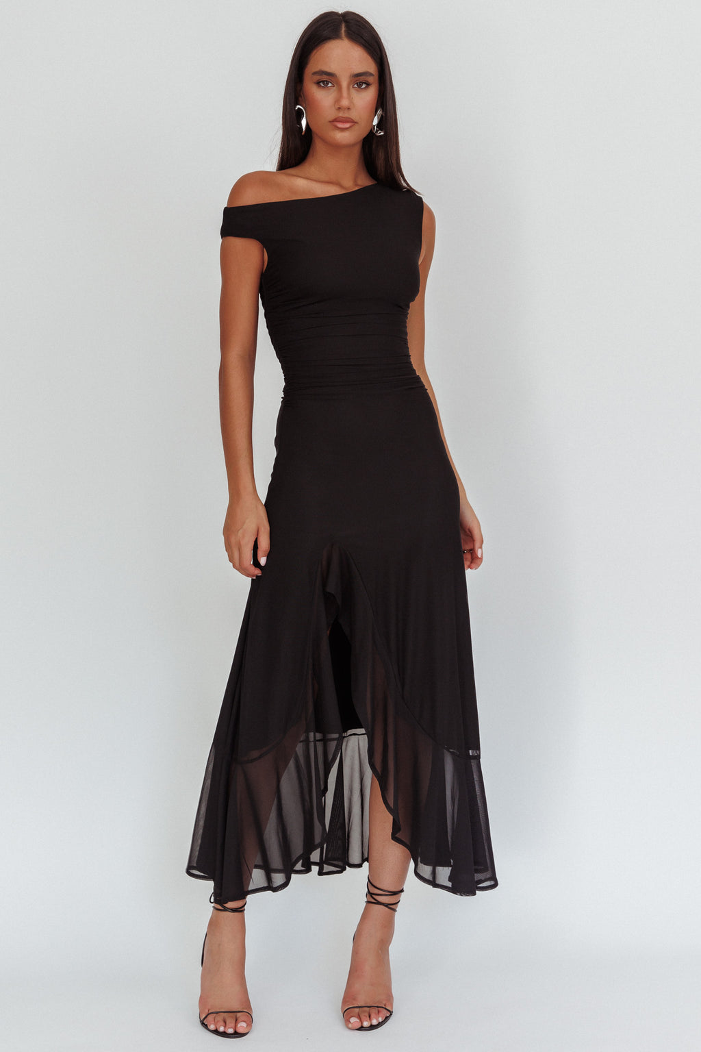 Moonlit Magic Asymmetric Neckline Maxi Dress Black by Selfie Leslie Australia