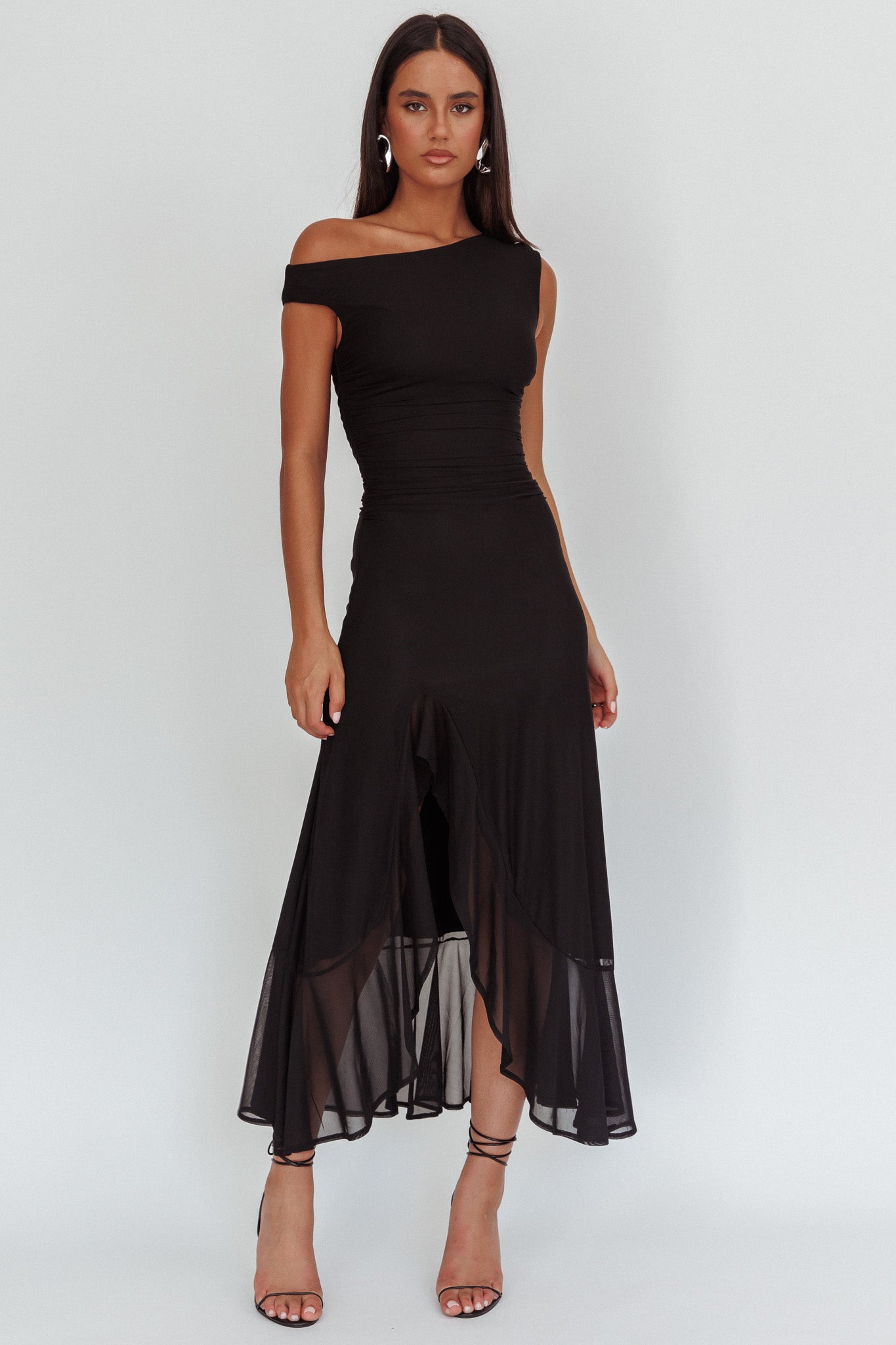 Moonlit Magic Asymmetric Neckline Maxi Dress Black by Selfie Leslie Australia