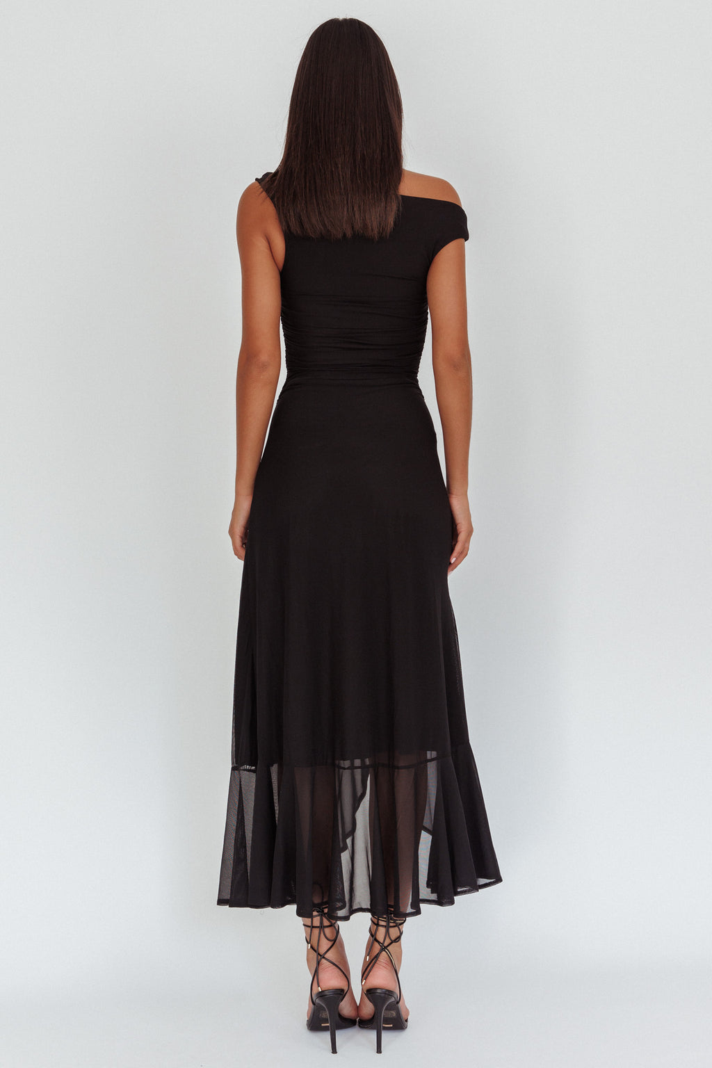 Moonlit Magic Asymmetric Neckline Maxi Dress Black by Selfie Leslie Australia