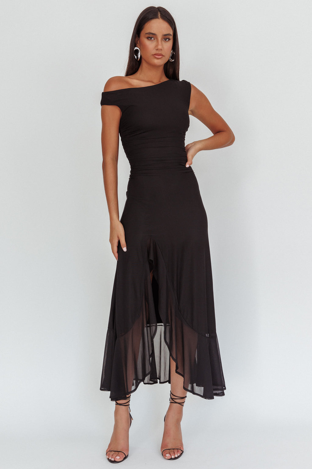 Moonlit Magic Asymmetric Neckline Maxi Dress Black by Selfie Leslie Australia