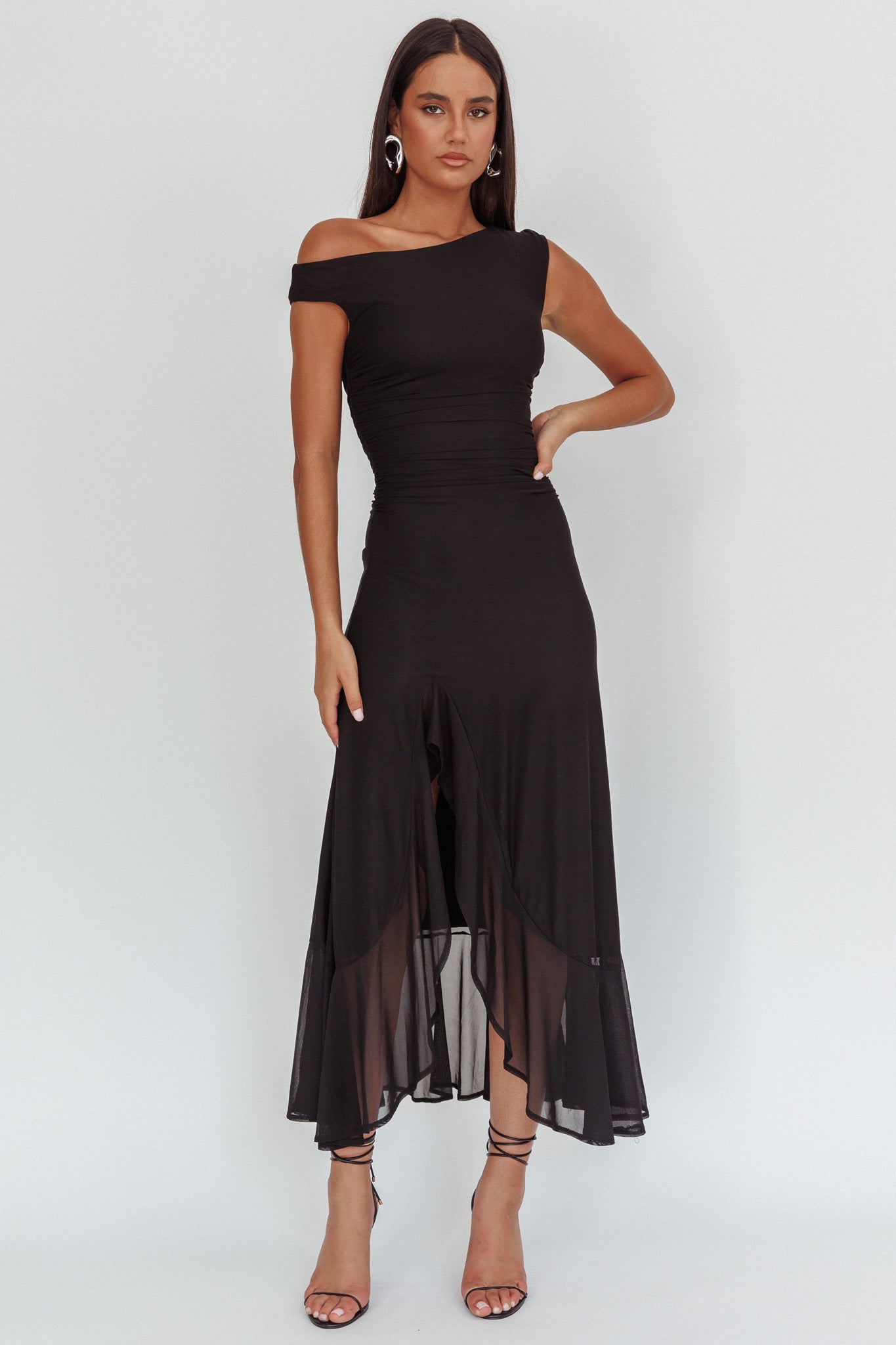 Moonlit Magic Asymmetric Neckline Maxi Dress Black by Selfie Leslie Australia