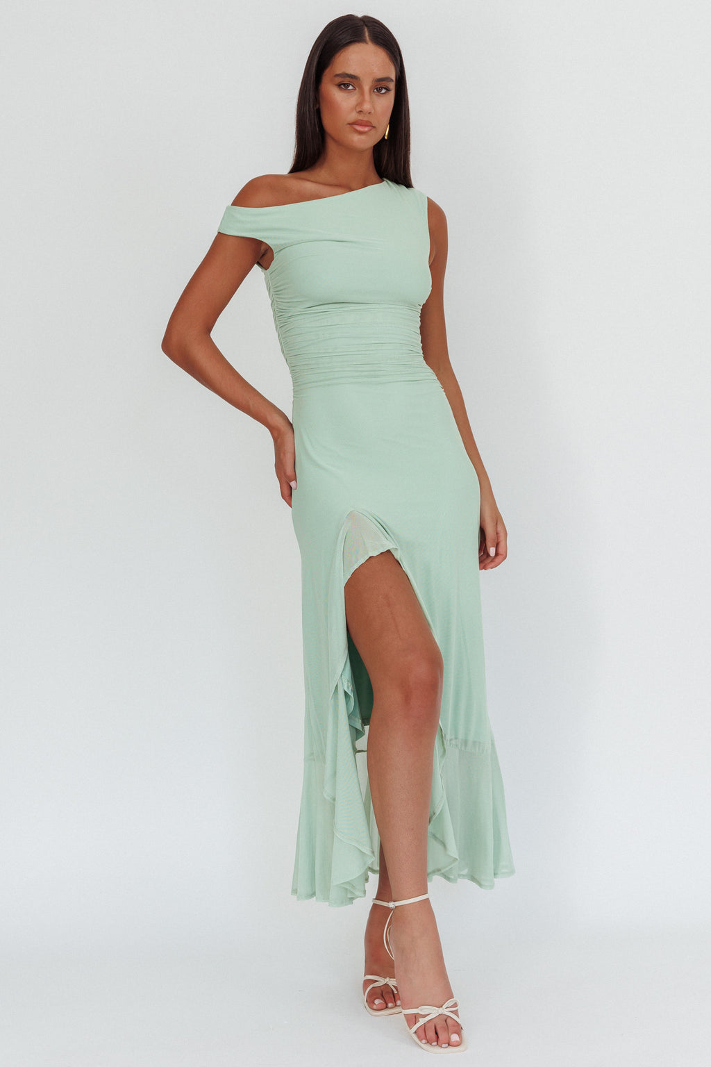 Moonlit Magic Asymmetric Neckline Maxi Dress Sage by Selfie Leslie Australia
