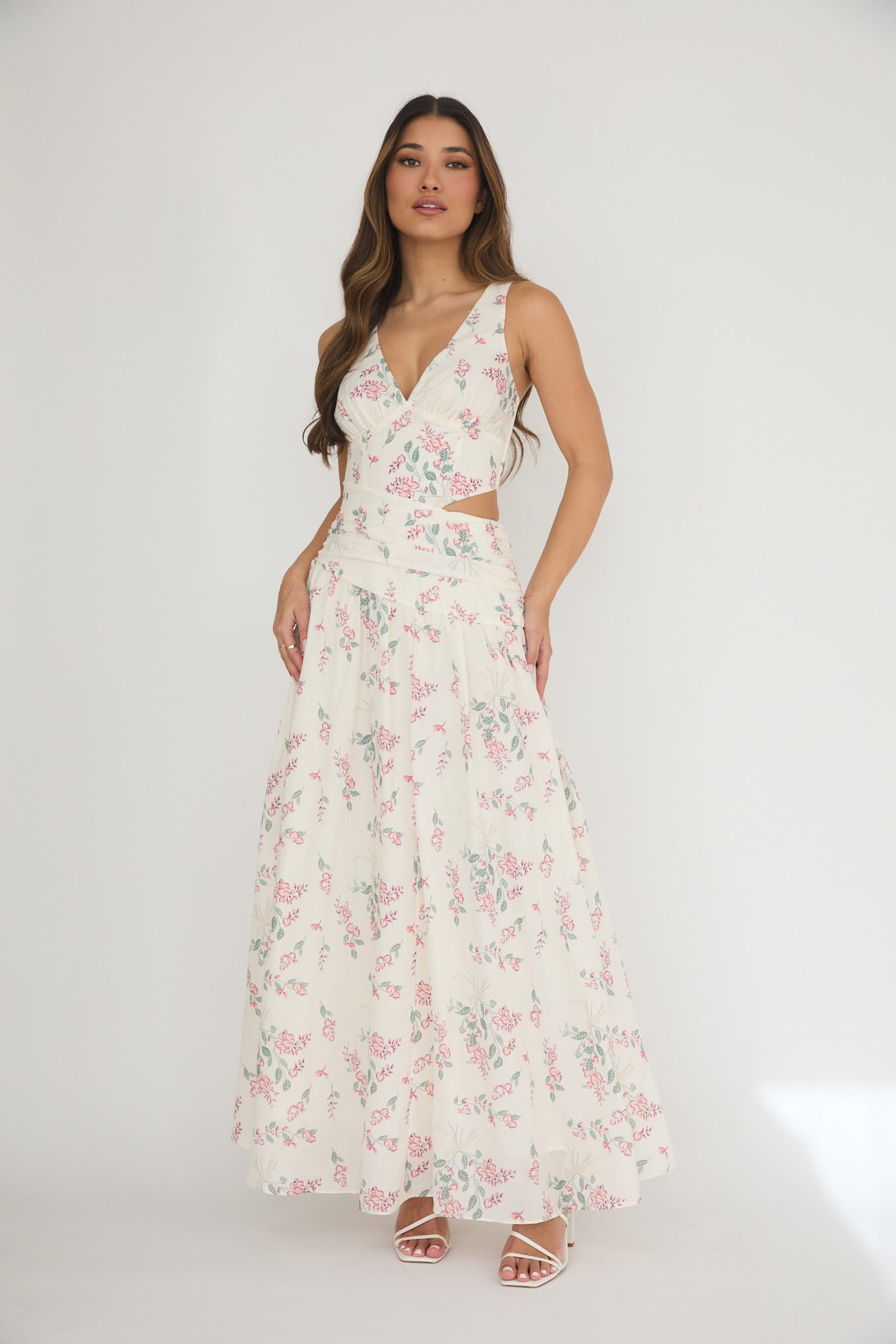 First Dates Waist Cut-Out Maxi Dress Floral Cream/Pink by Selfie Leslie Australia