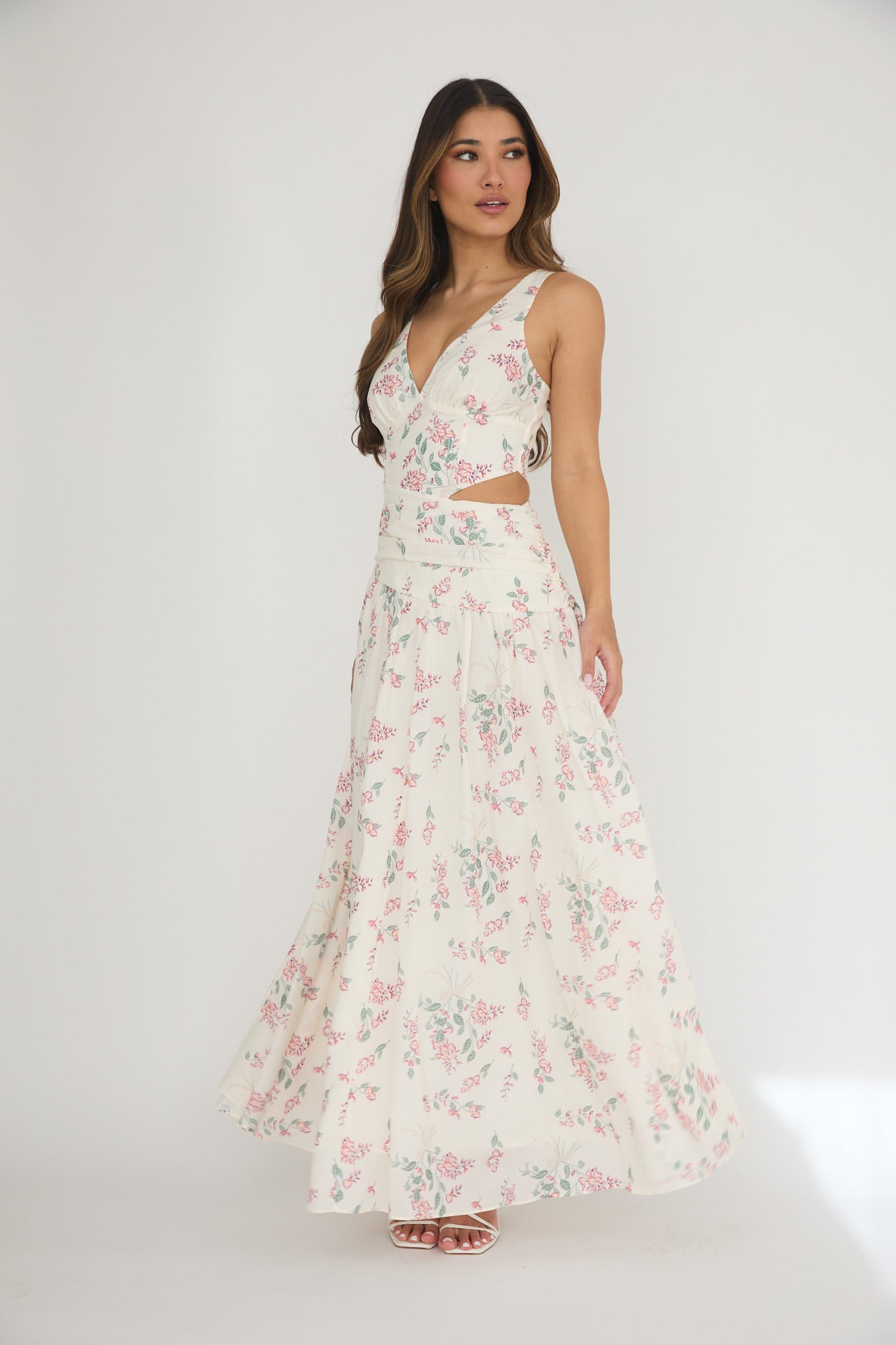 First Dates Waist Cut-Out Maxi Dress Floral Cream/Pink by Selfie Leslie Australia