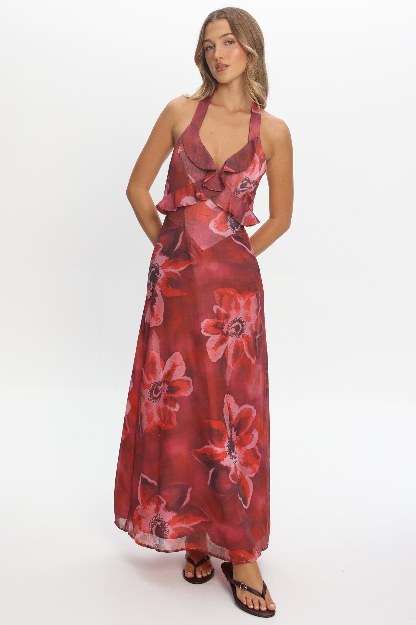 First Dates Frill Trim Maxi Dress Print Red