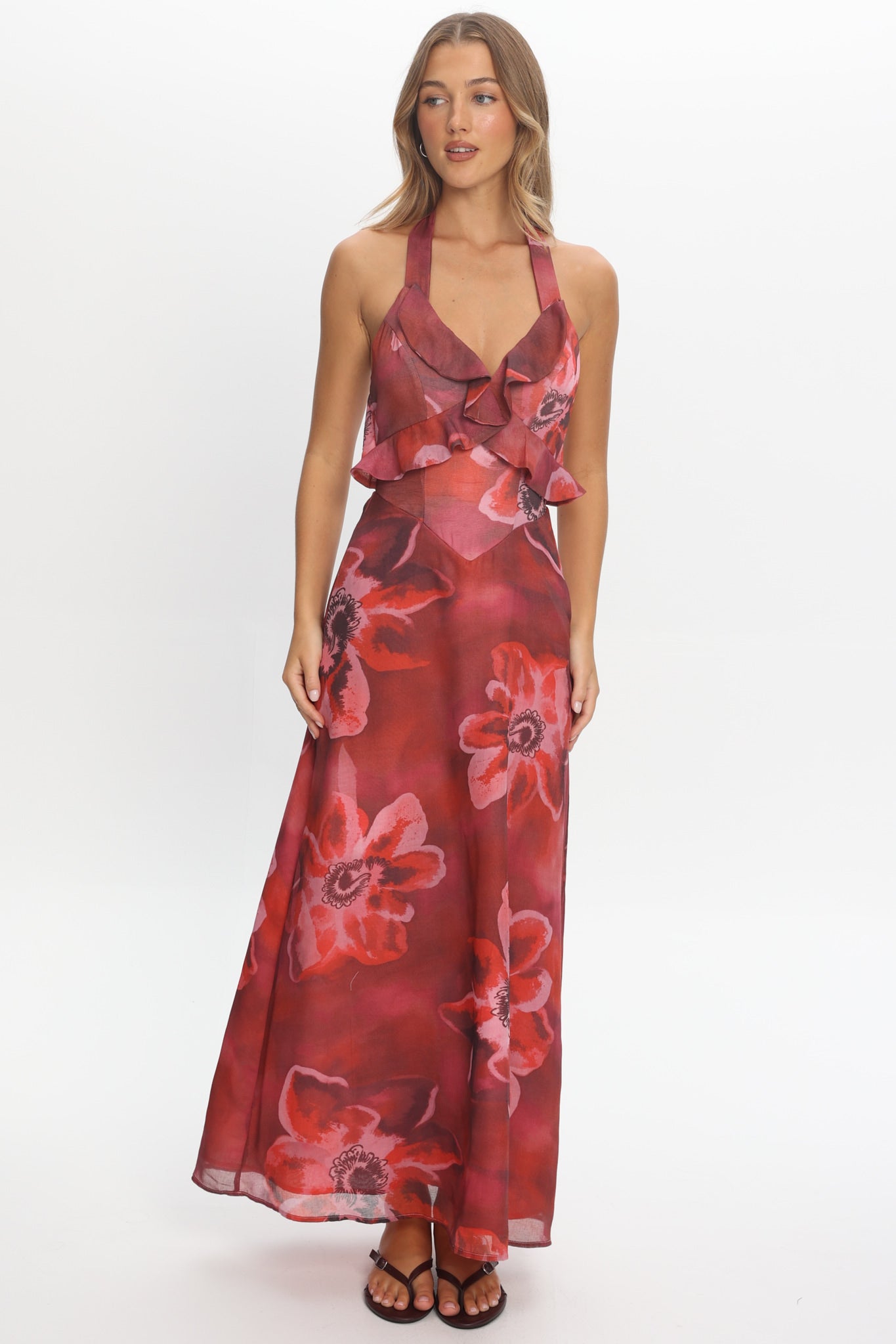 First Dates Frill Trim Maxi Dress Print Red