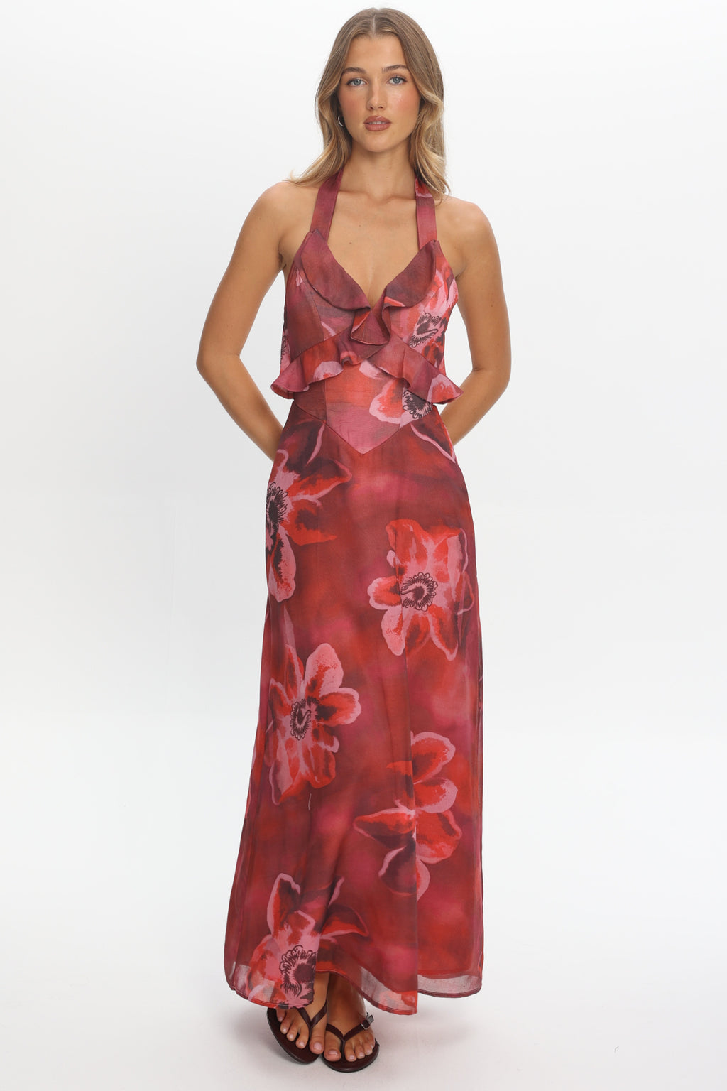First Dates Frill Trim Maxi Dress Print Red