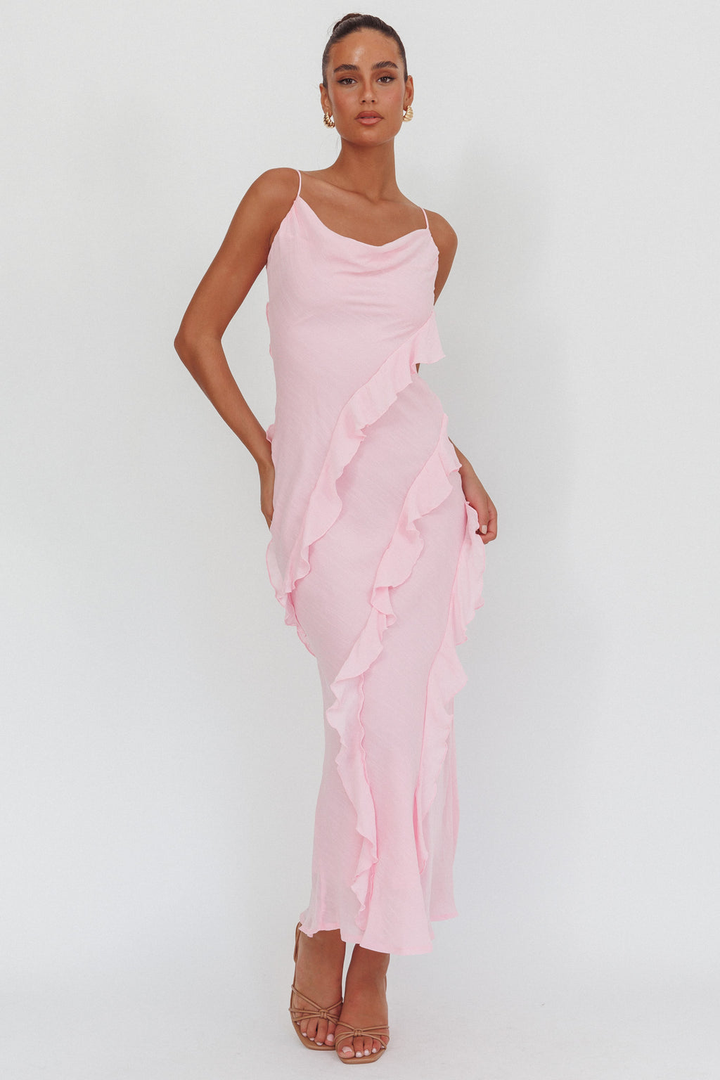 Panama Bay Ruffle Trim Cowl Neck Maxi Dress Pink by Selfie Leslie Australia