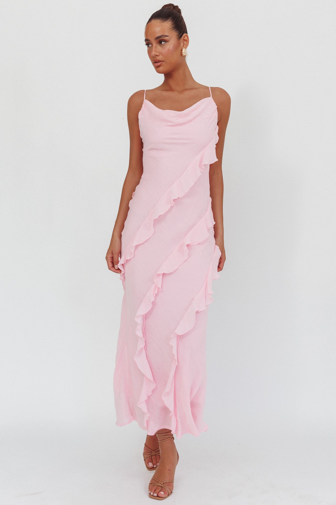 Panama Bay Ruffle Trim Cowl Neck Maxi Dress Pink by Selfie Leslie Australia