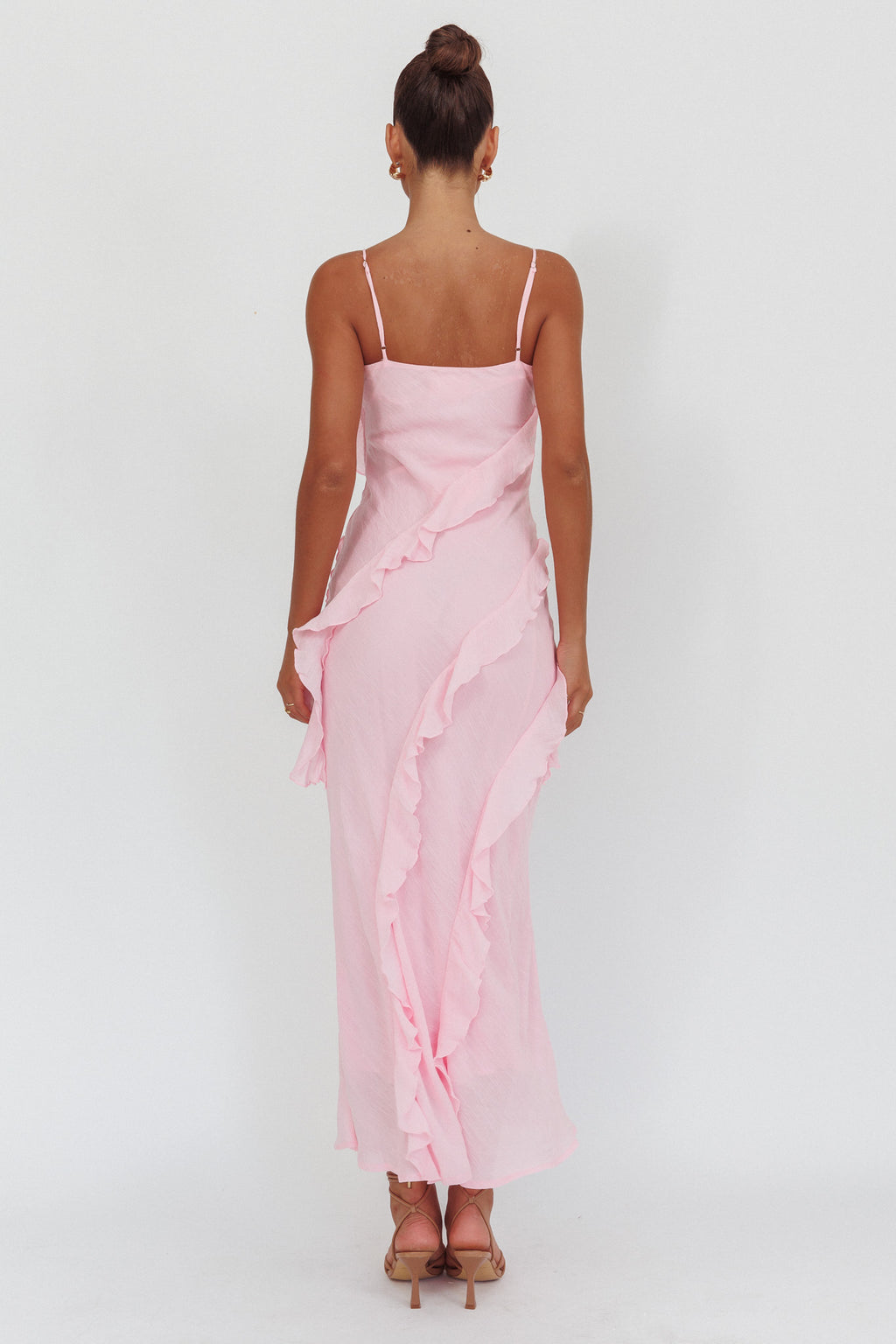 Panama Bay Ruffle Trim Cowl Neck Maxi Dress Pink by Selfie Leslie Australia