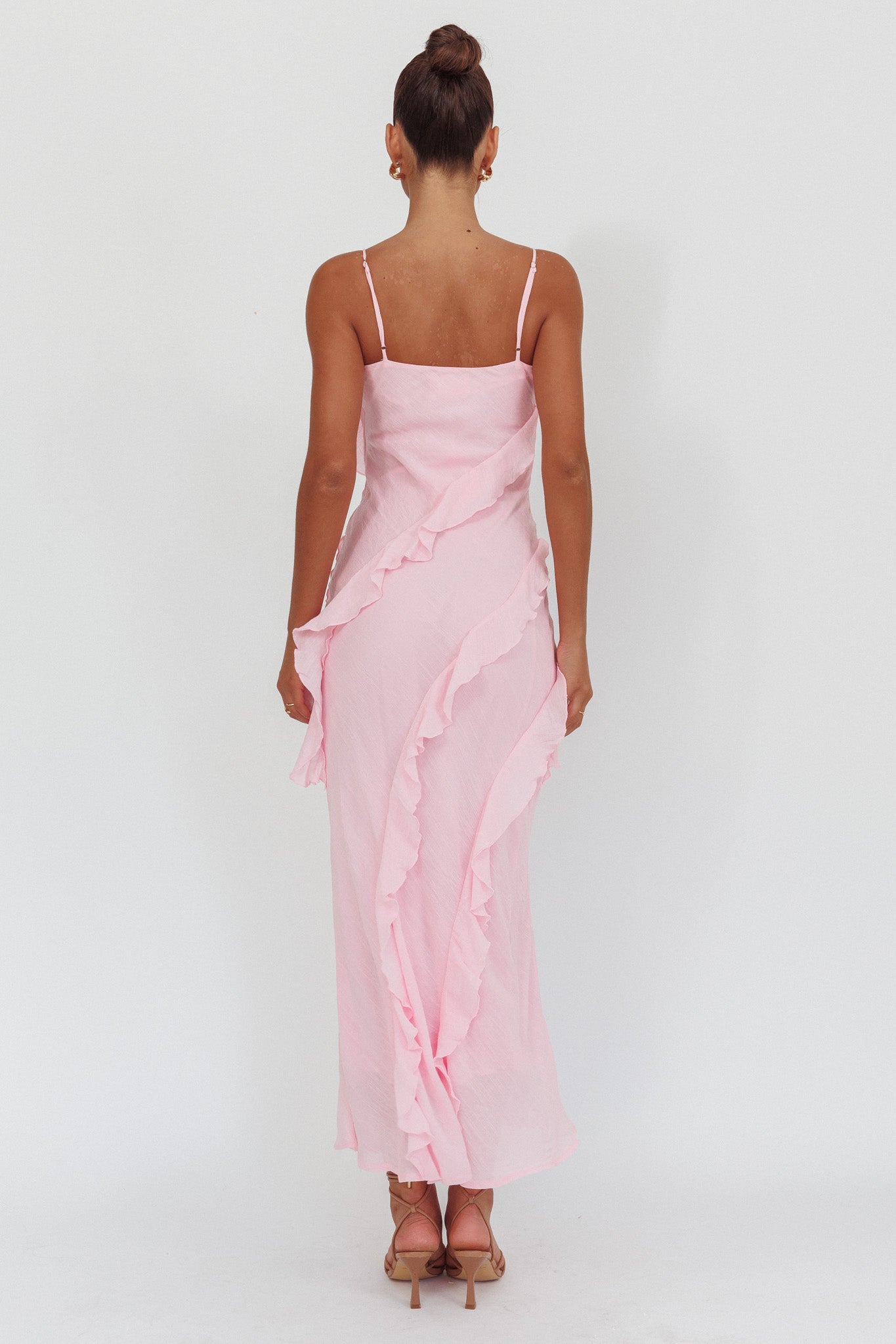 Panama Bay Ruffle Trim Cowl Neck Maxi Dress Pink by Selfie Leslie Australia