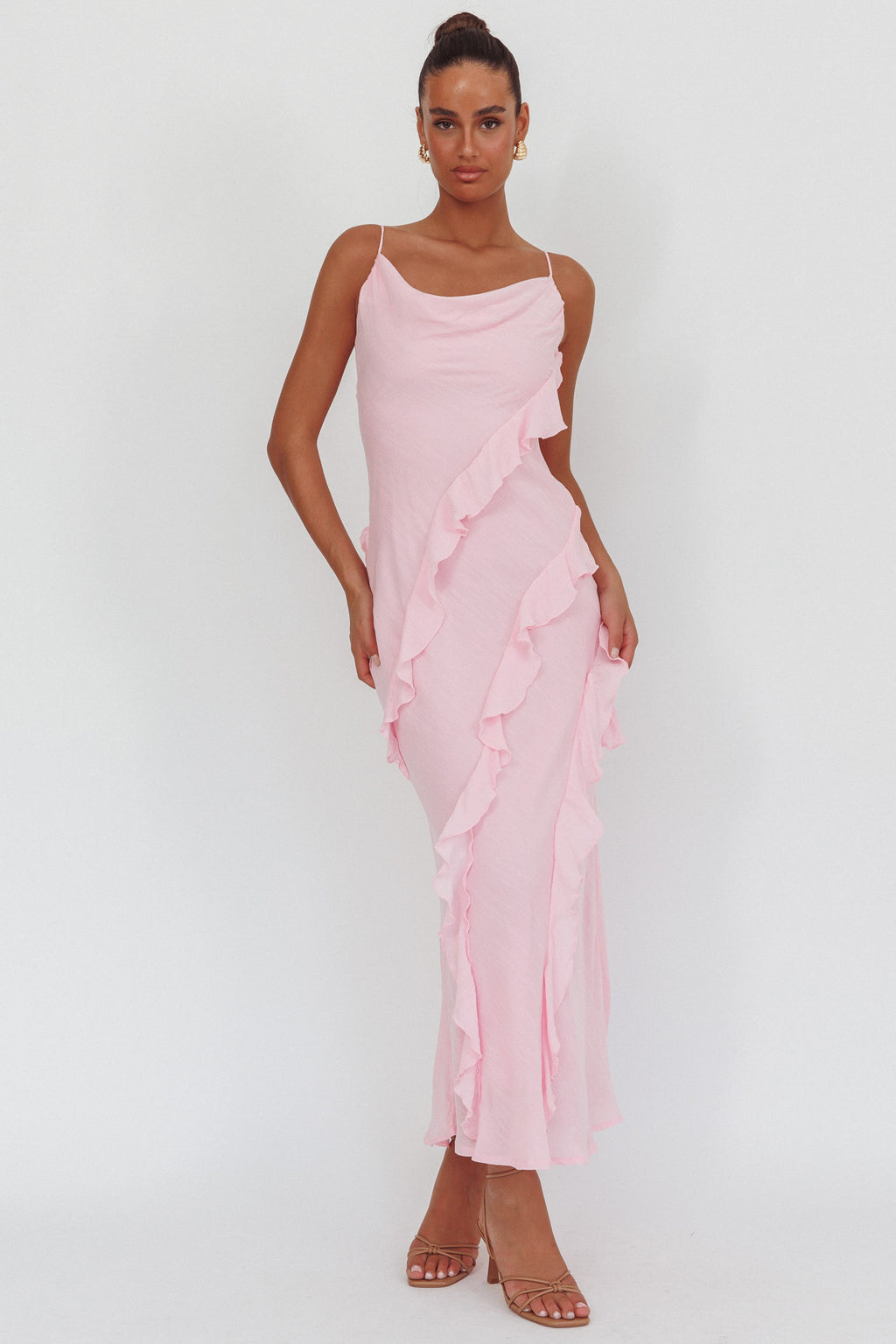 Panama Bay Ruffle Trim Cowl Neck Maxi Dress Pink by Selfie Leslie Australia
