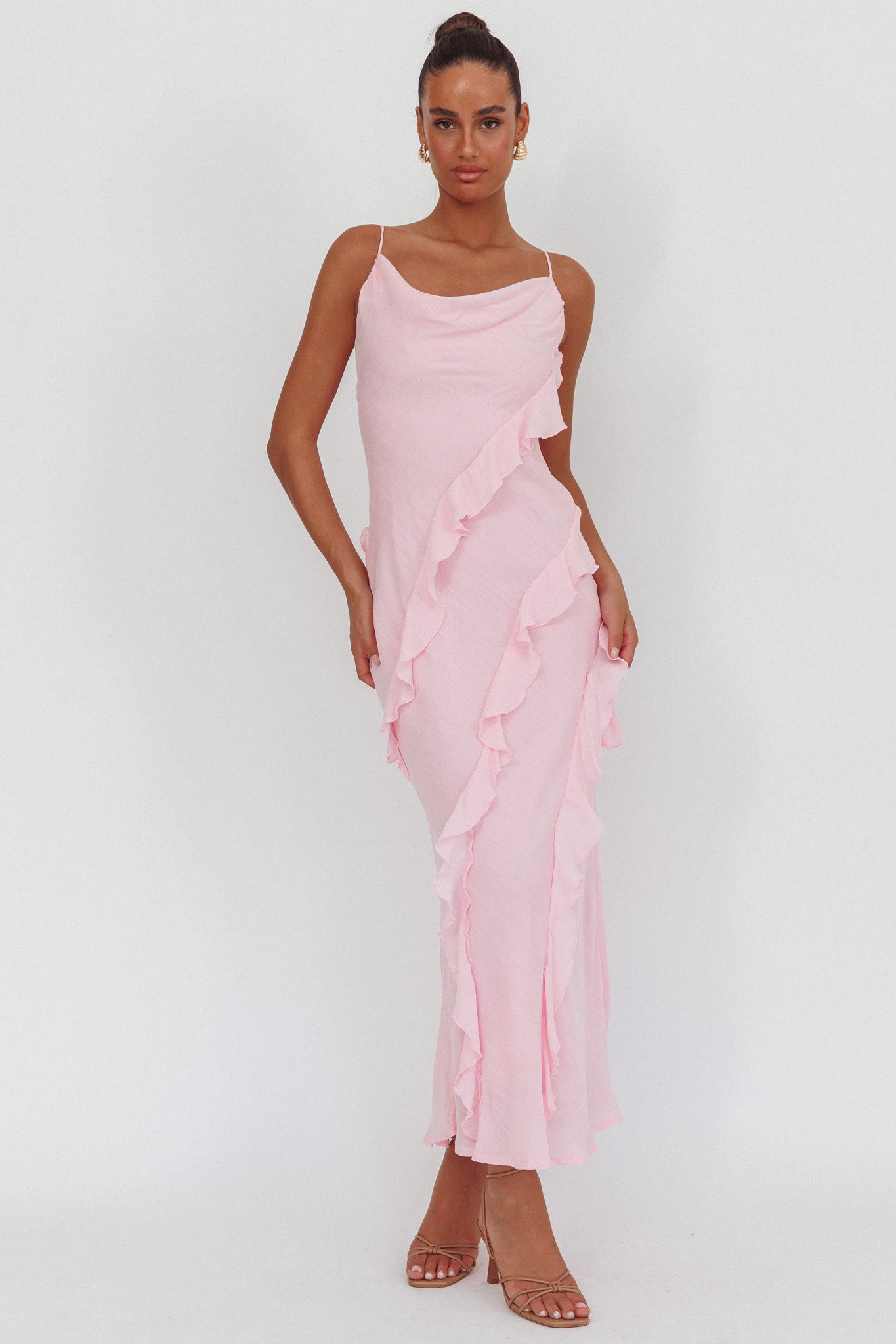 Panama Bay Ruffle Trim Cowl Neck Maxi Dress Pink by Selfie Leslie Australia